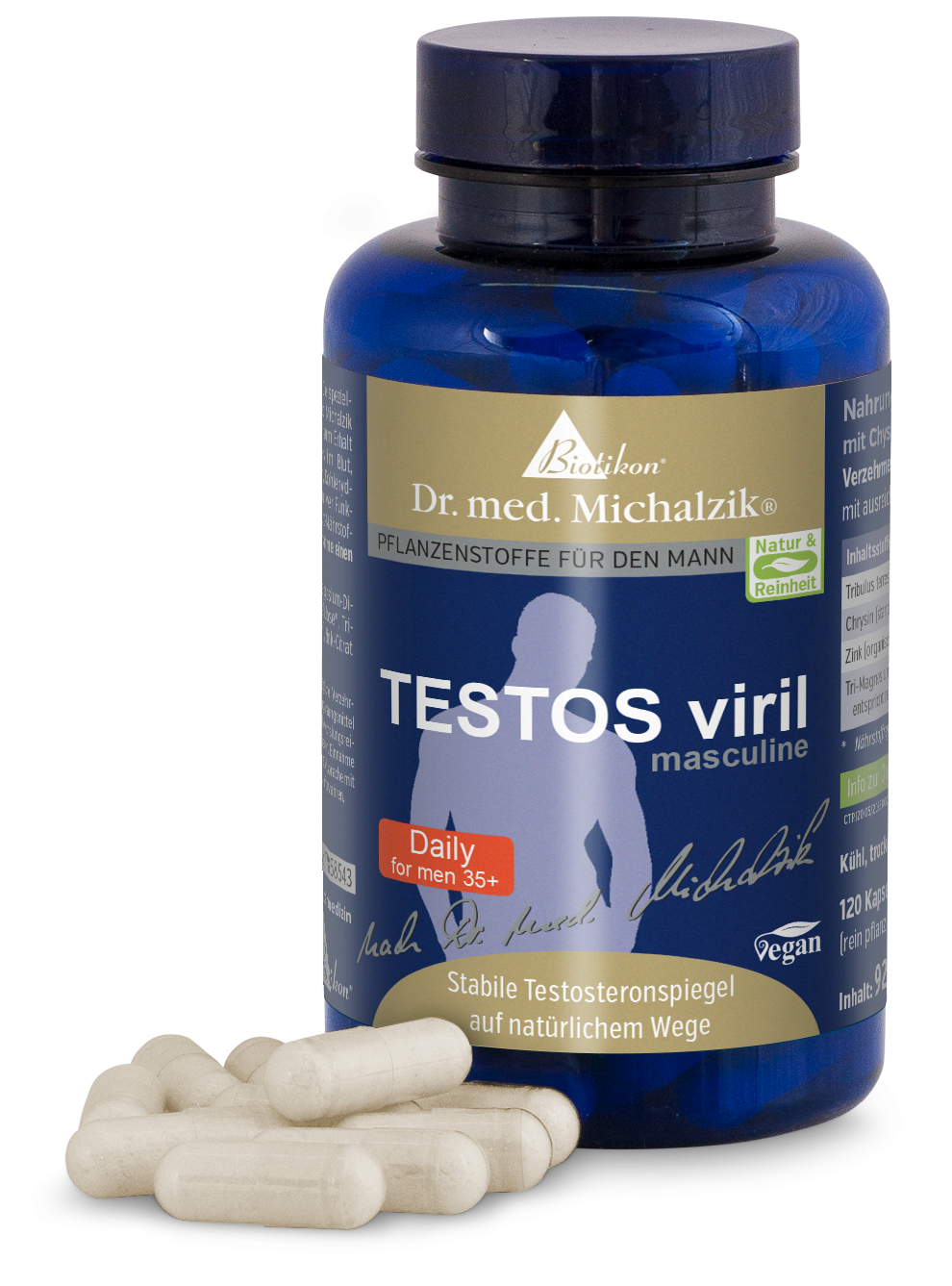 TESTOS viril – 120 cápsulas veganas Cápsulas veganas color off-white, paquete de 120 cápsulas en frasco azul, para hombres mayores de 35 años