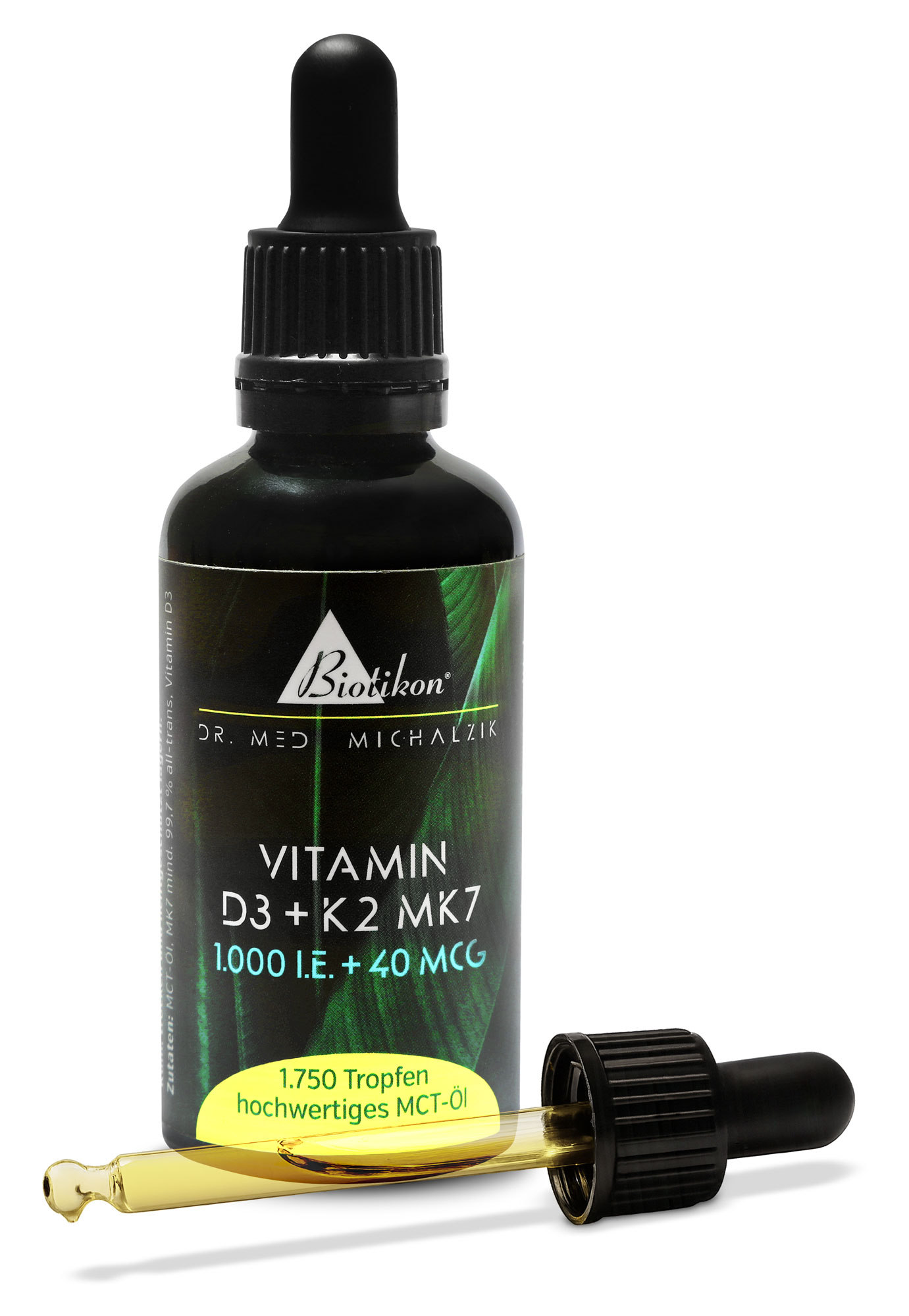 Botella de gotas de vitamina D3 y K2 MK7, 1750 gotas, aceite MCT, envase negro, pipeta visible.