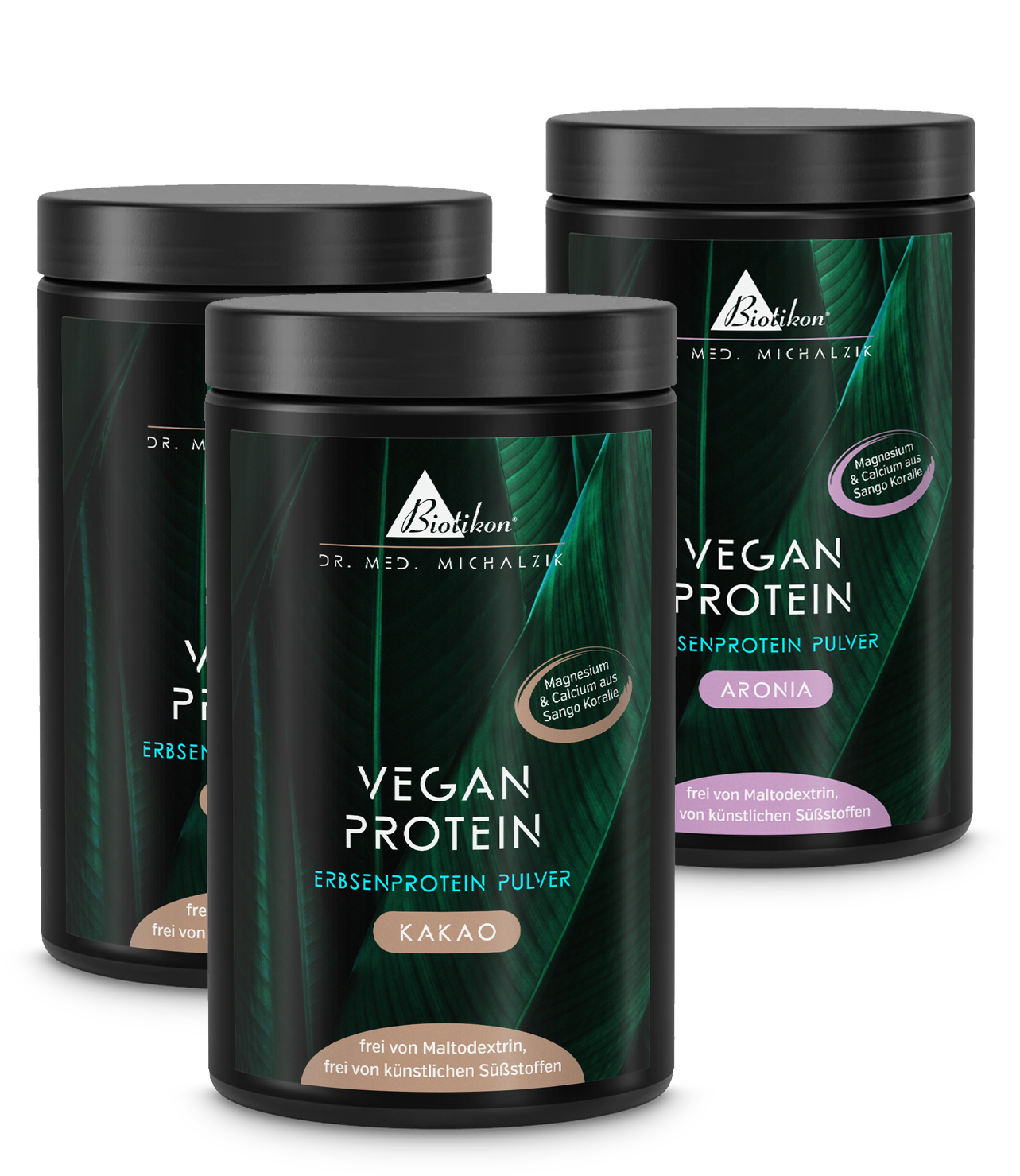 Tres tarros de proteína vegetal en polvo de sabor cacao y aronia, cada uno de 300 g, con tapas blancas.