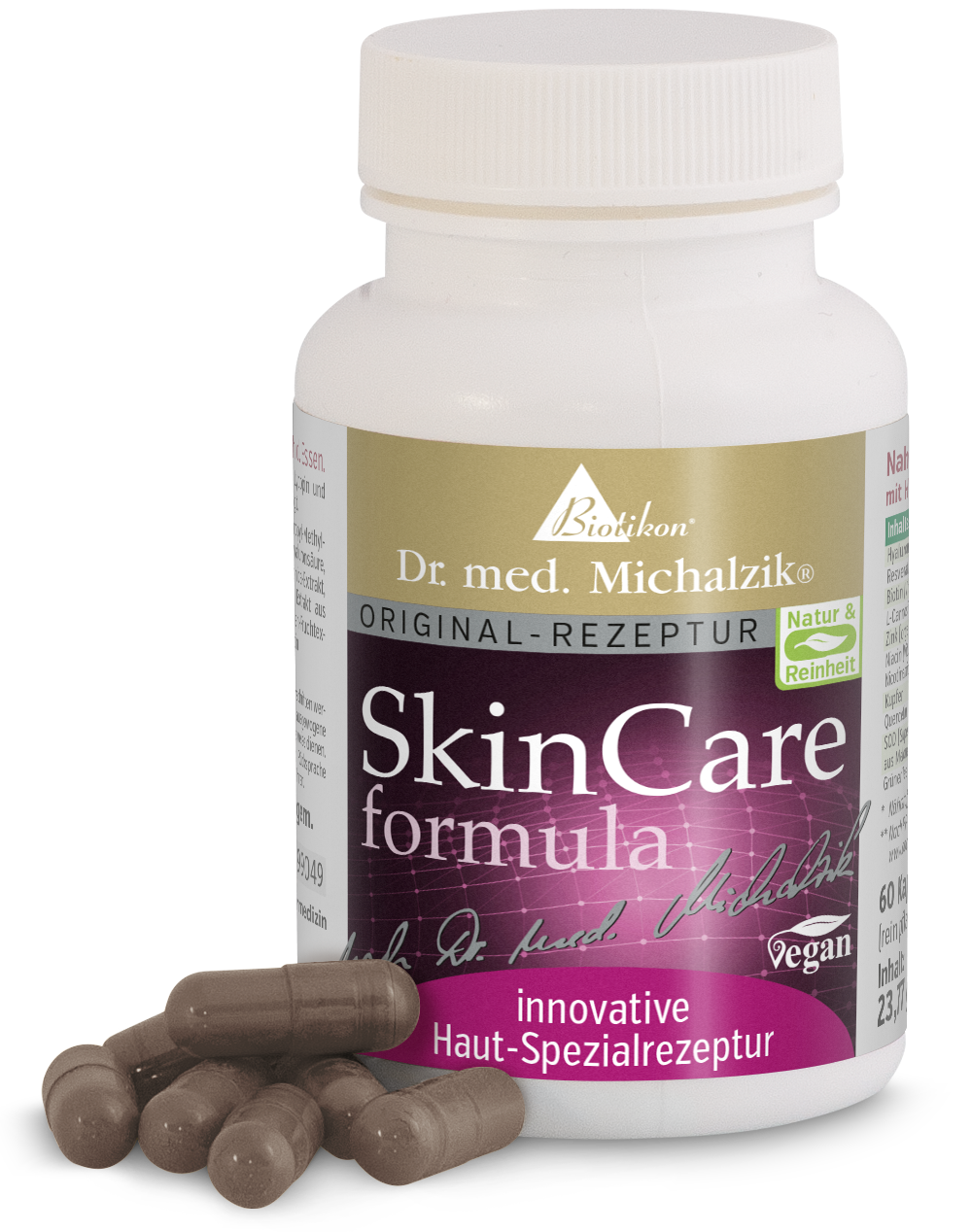 Cápsulas marrones para el cuidado de la piel, 60 unidades, en un envase blanco con acentos morados.