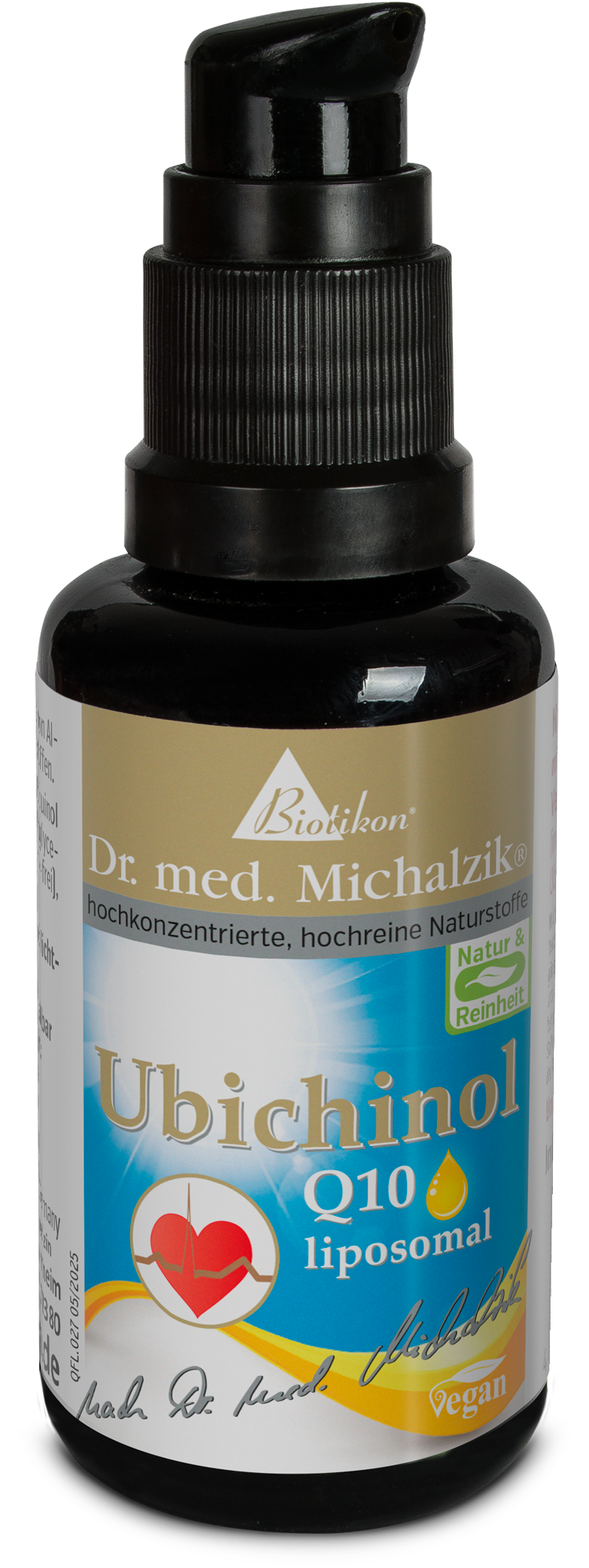 Ubichinona Q10 liposomal, 50 ml en botella negra con dosificador, vista frontal.