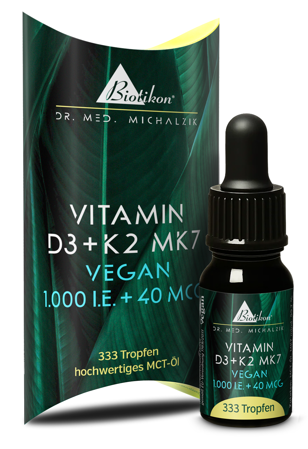 Vitamina D3+K2 10 ml 1000 UI vegano caja con frasco