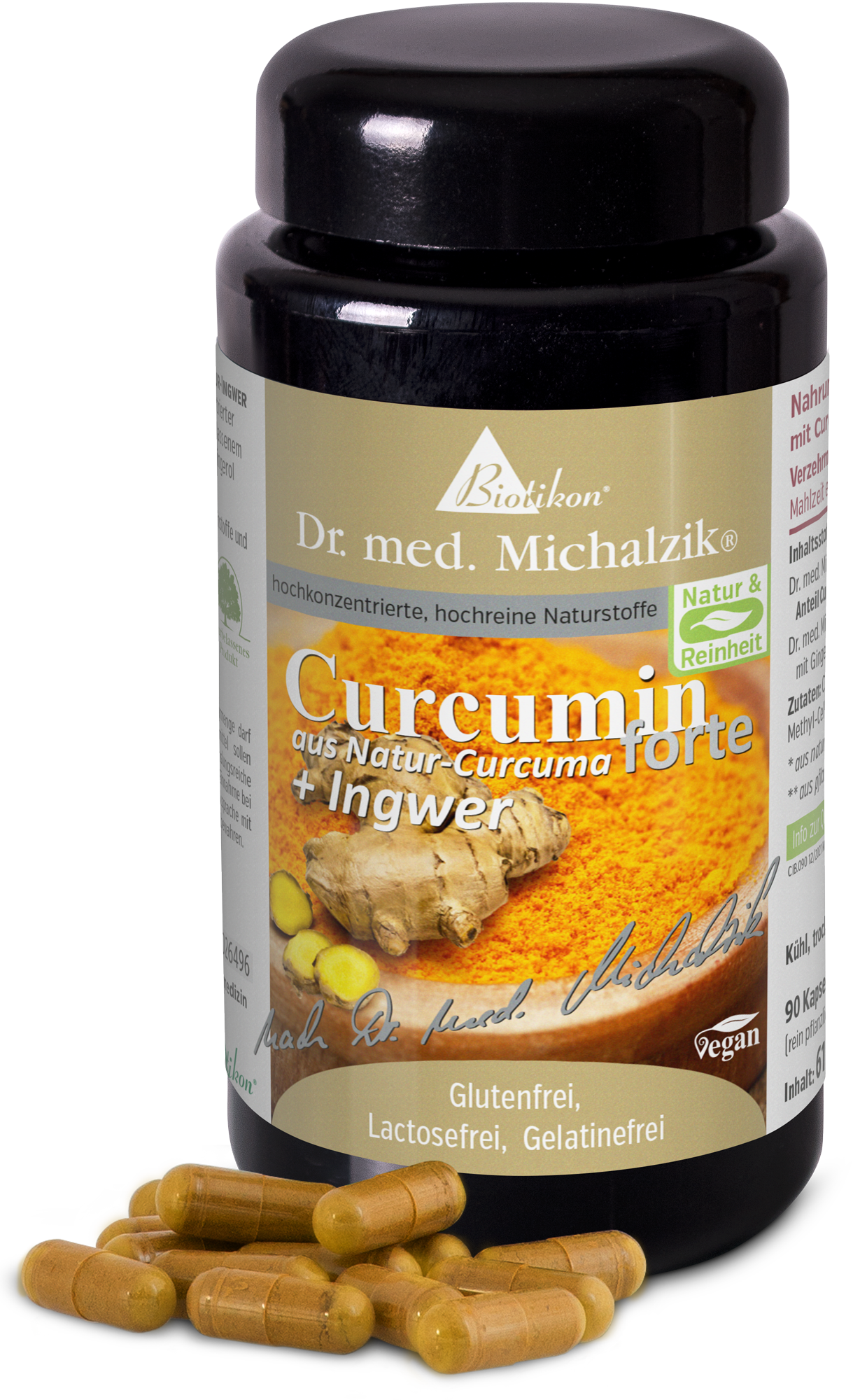 Curcumina 90 Cápsulas – de Cúrcuma Natural + Jengibre Envase negro con 90 cápsulas, curcumina con jengibre, vegano y sin gluten