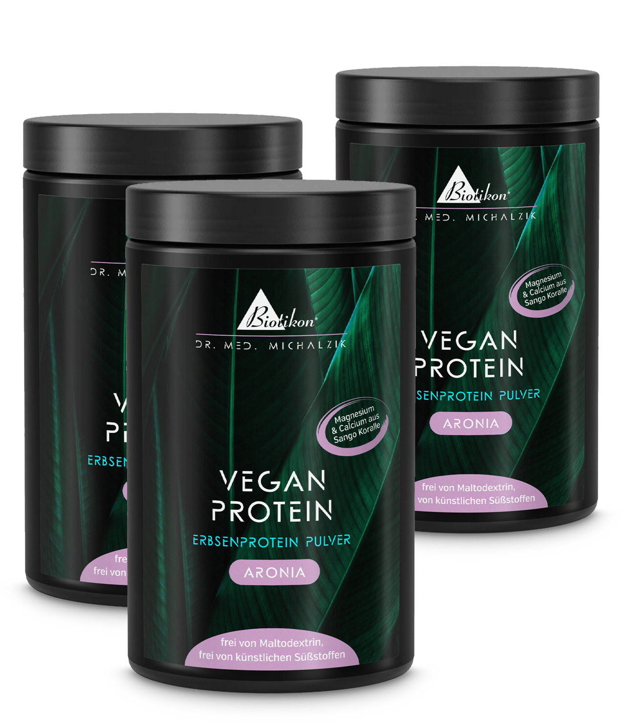 Tres envases de proteína vegetal en polvo Aronia, 500 g, en empaque blanco con acentos morados.