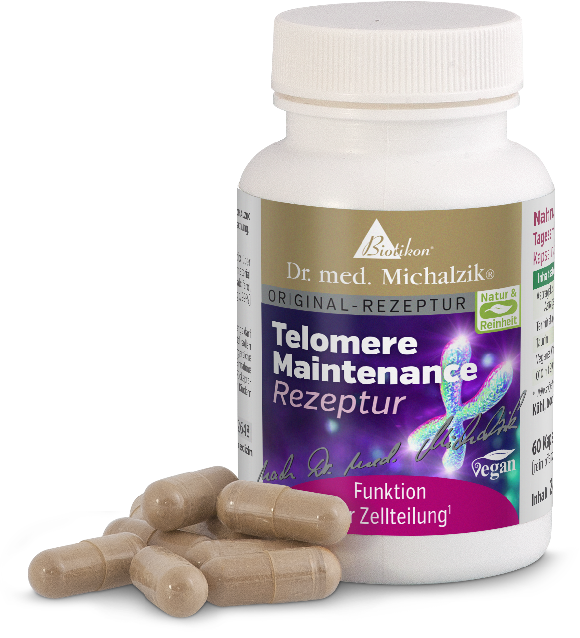 Mantenimiento de Telómeros 60 Cápsulas – Suplemento Envase de plástico blanco con 60 cápsulas marrones, formulaciones veganas, alineadas frente al envase.