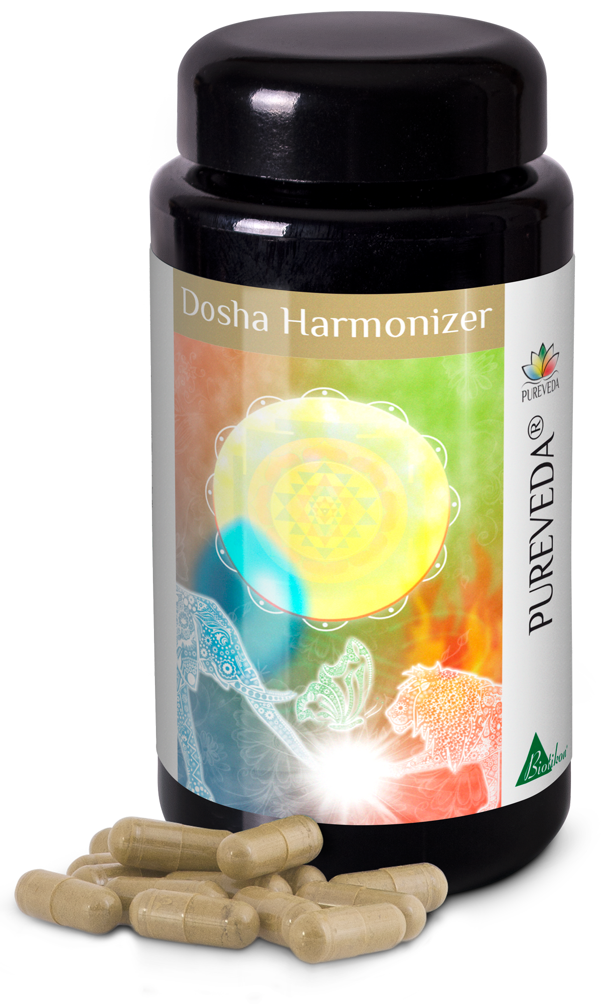 Harmonizador de Dosha – Cápsulas Botella negra con cápsulas, fondo colorido y decoración, contiene 60 cápsulas.