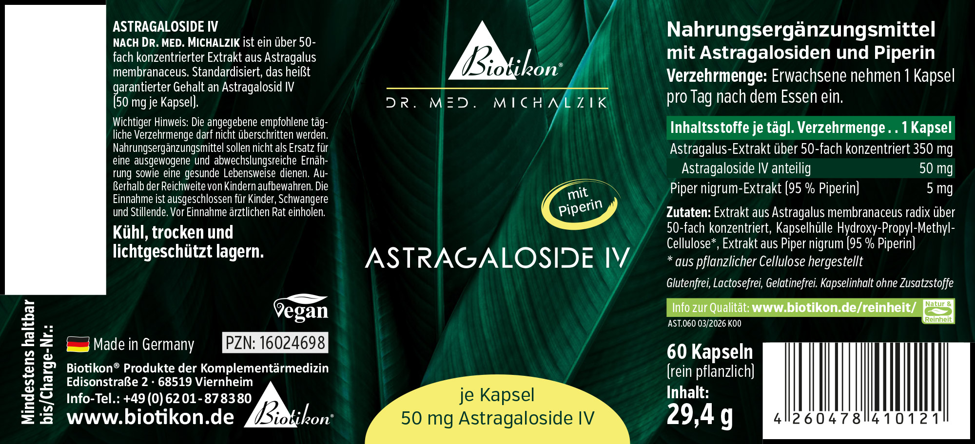 Paquete con 60 cápsulas de Astragalósido IV, 50 mg por cápsula, en envase verde y blanco, vista frontal.