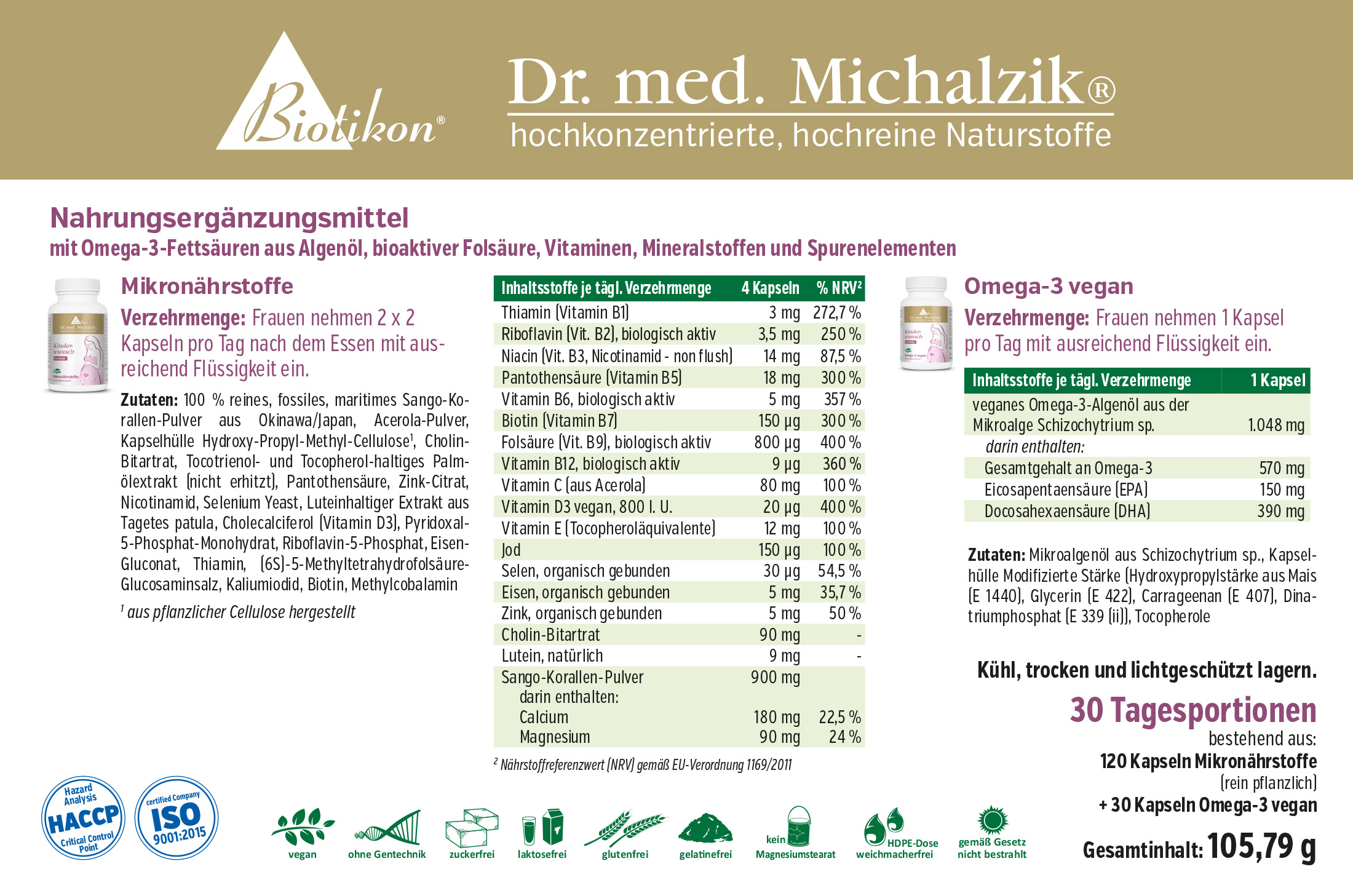 Suplemento alimenticio con 120 cápsulas de micronutrientes y 30 cápsulas de Omega-3, en envase transparente, colores claros.