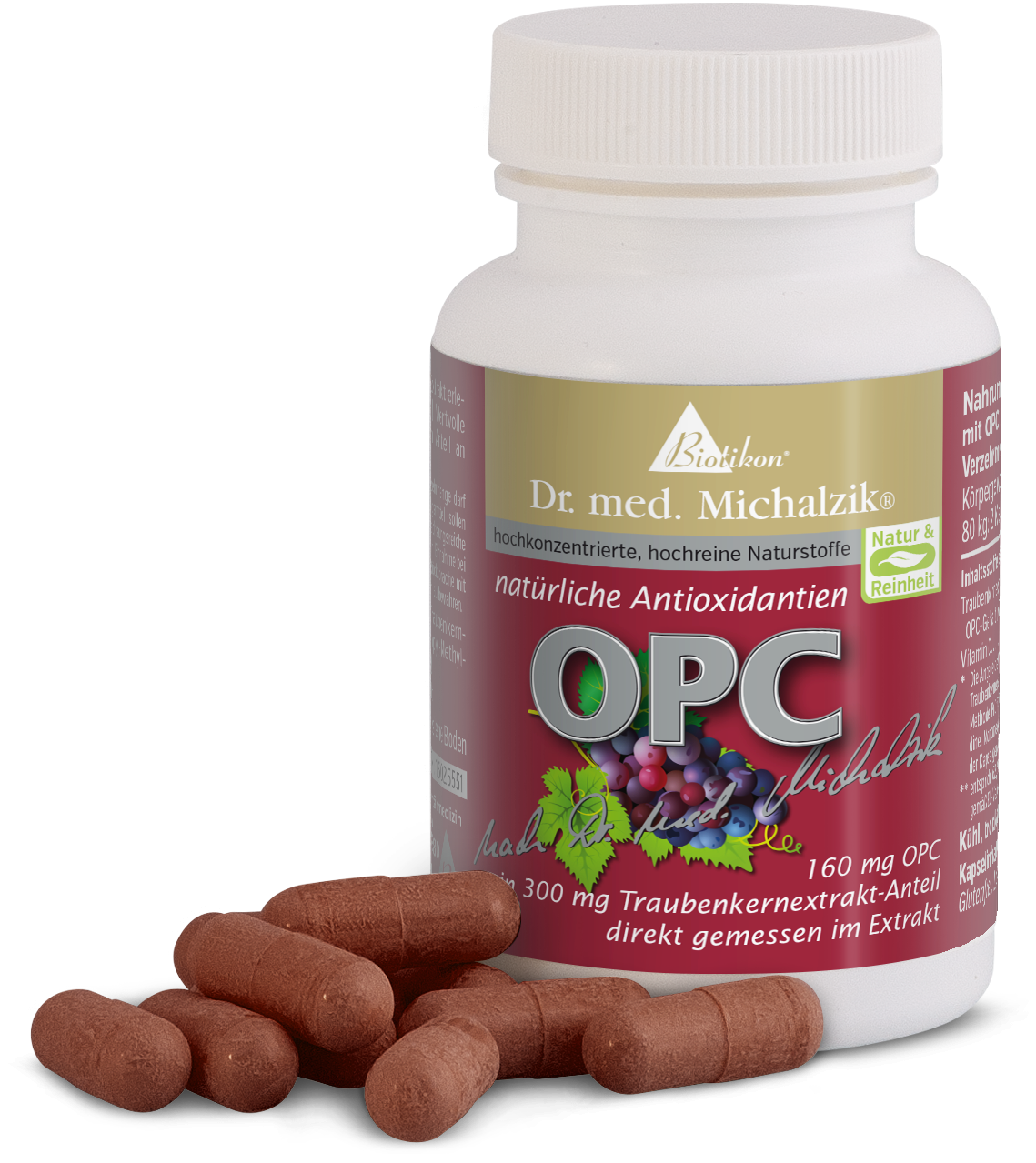 Cápsulas OPC de color marrón, 160 mg, a base de extracto de semilla de uva, junto a una botella.