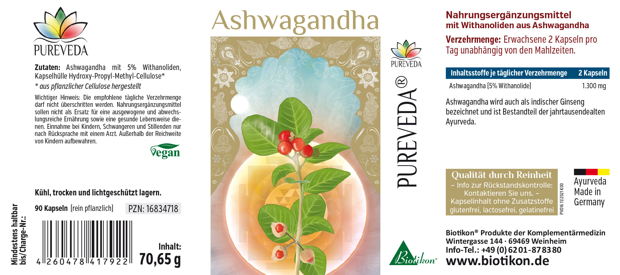 Ashwagandha 1300 mg – Cápsulas Cápsulas de Ashwagandha, 90 unidades, cápsulas verdes en un envase blanco, veganas.