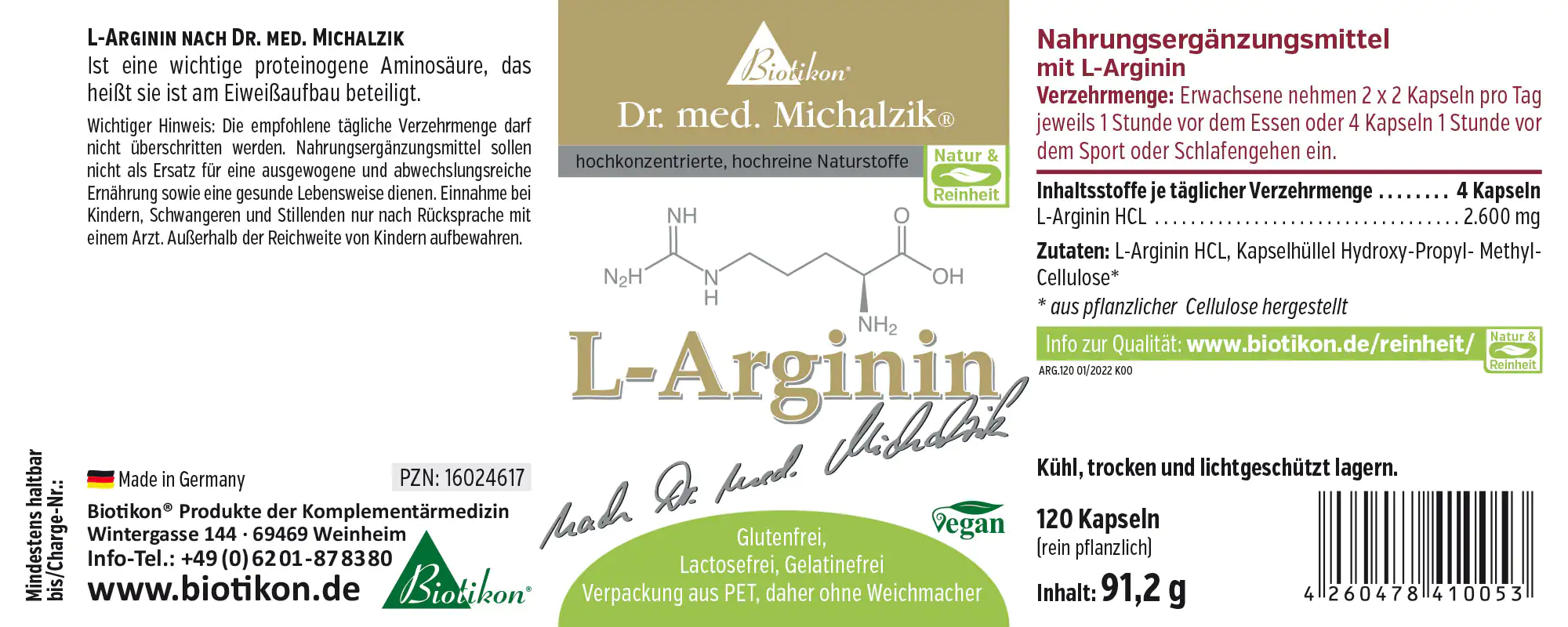 Suplemento de L-arginina en cápsulas, 120 unidades, con empaque de diseño verde y blanco.