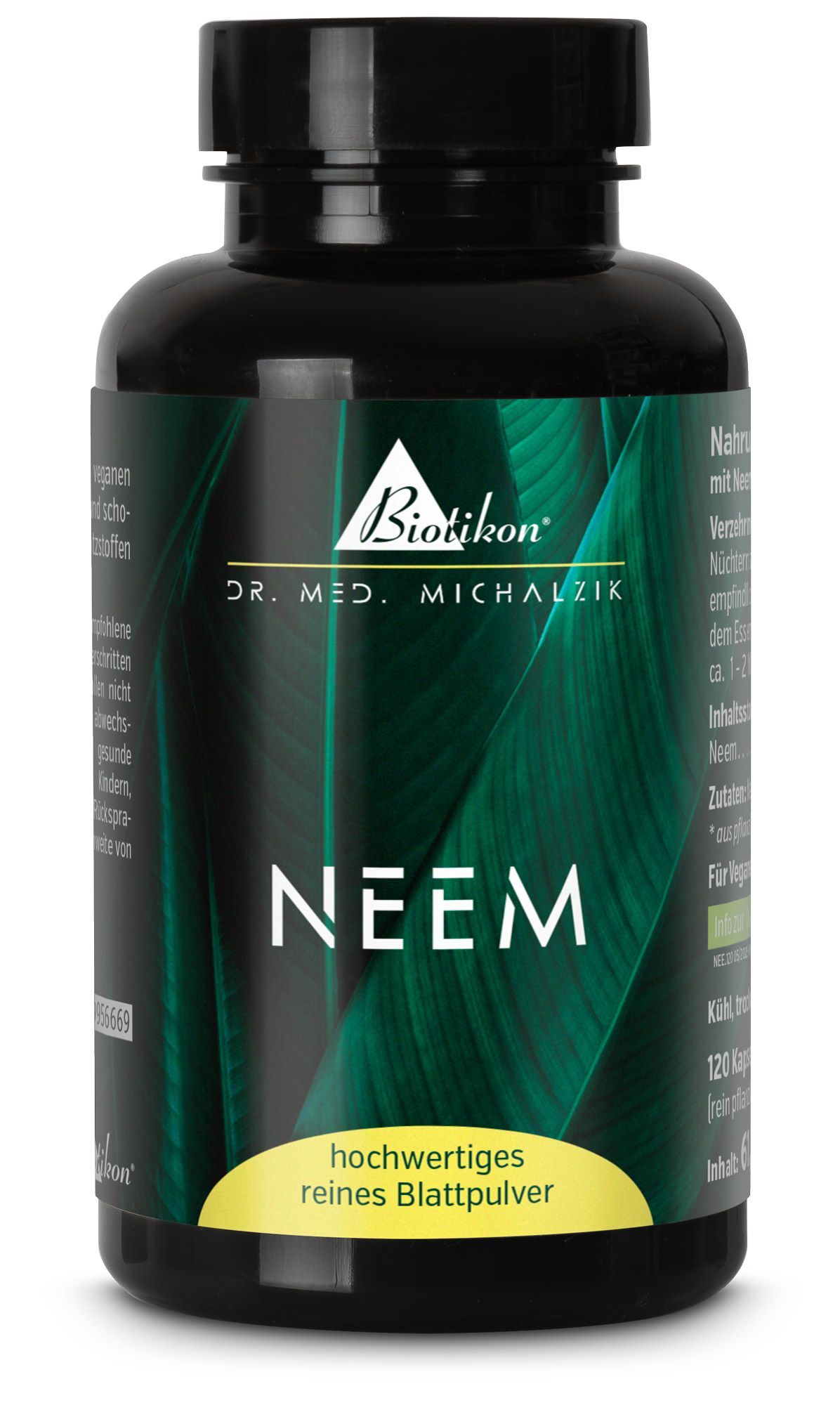 Neem en polvo de hojas – 120 cápsulas Botella negra con 120 cápsulas de polvo de hojas de Neem, hojas verdes de fondo, vegano.