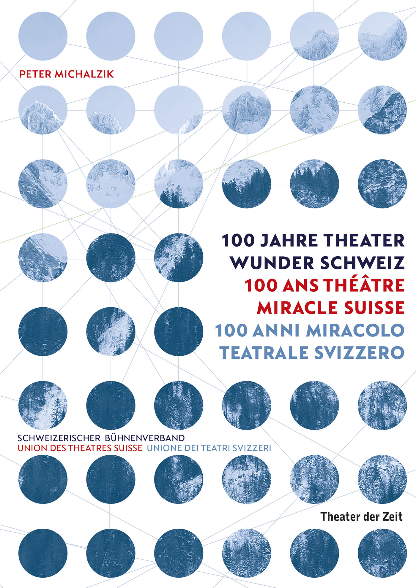 Portada del libro sobre 100 años de teatro suizo, ilustraciones en azul y blanco, textos variados.