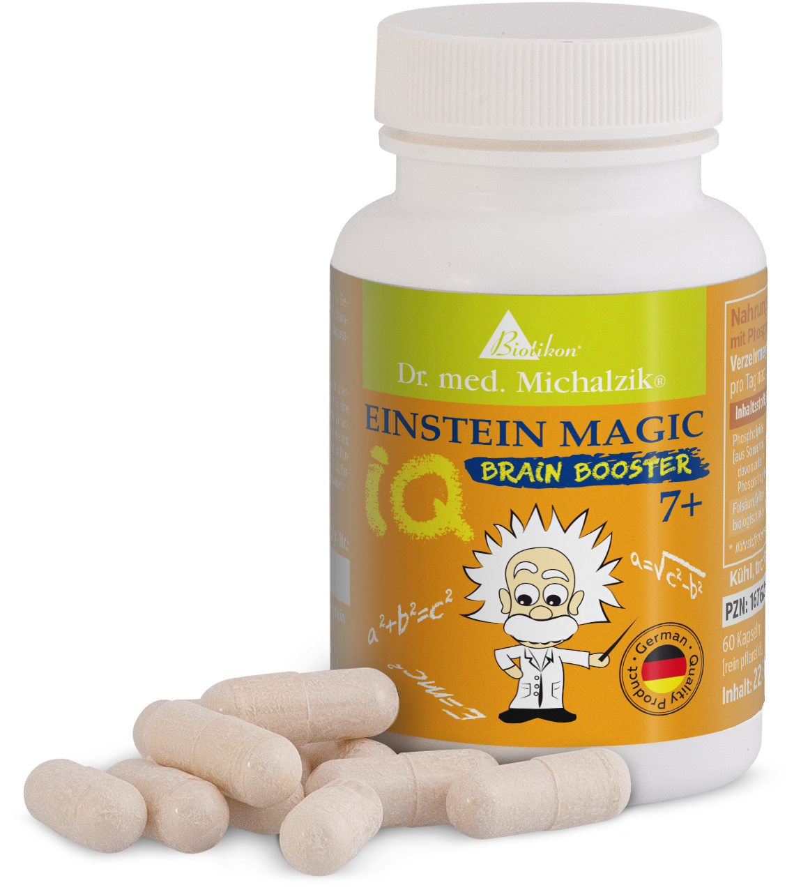 Einstein Magic Brain Booster en una botella blanca con 60 cápsulas, color beige, vista frontal.