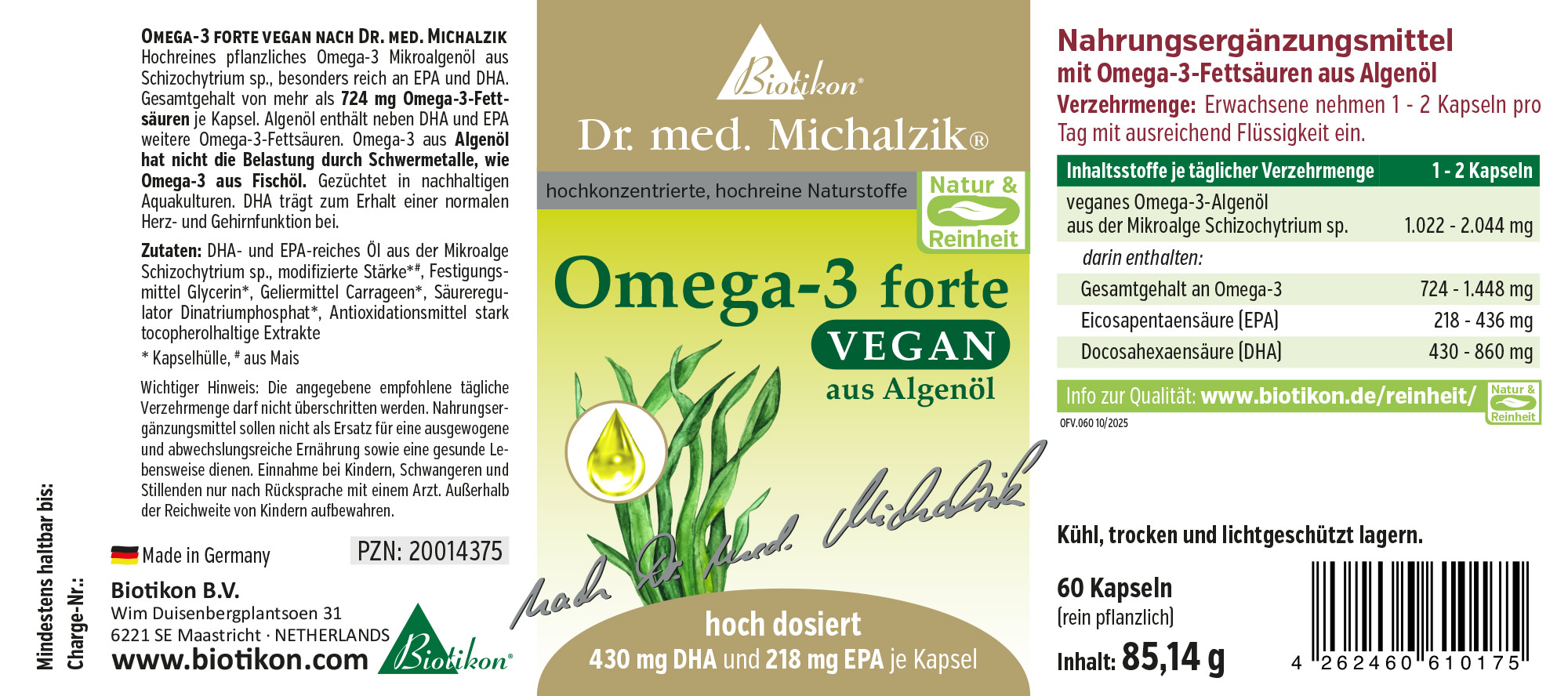 Omega-3 forte vegano - 60 cápsulas, vidrio violeta