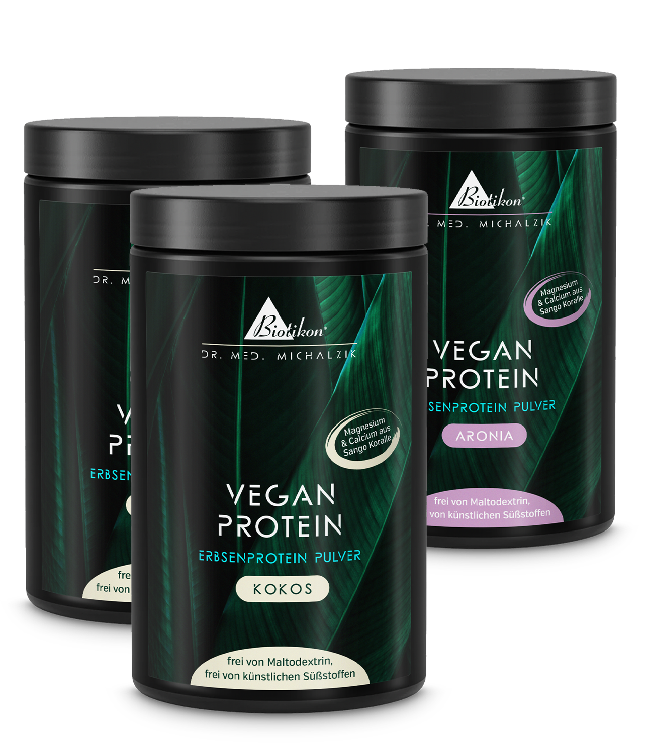 Tres envases de proteína en polvo de planta en color blanco, sabor coco y aronia, de 300 g cada uno.