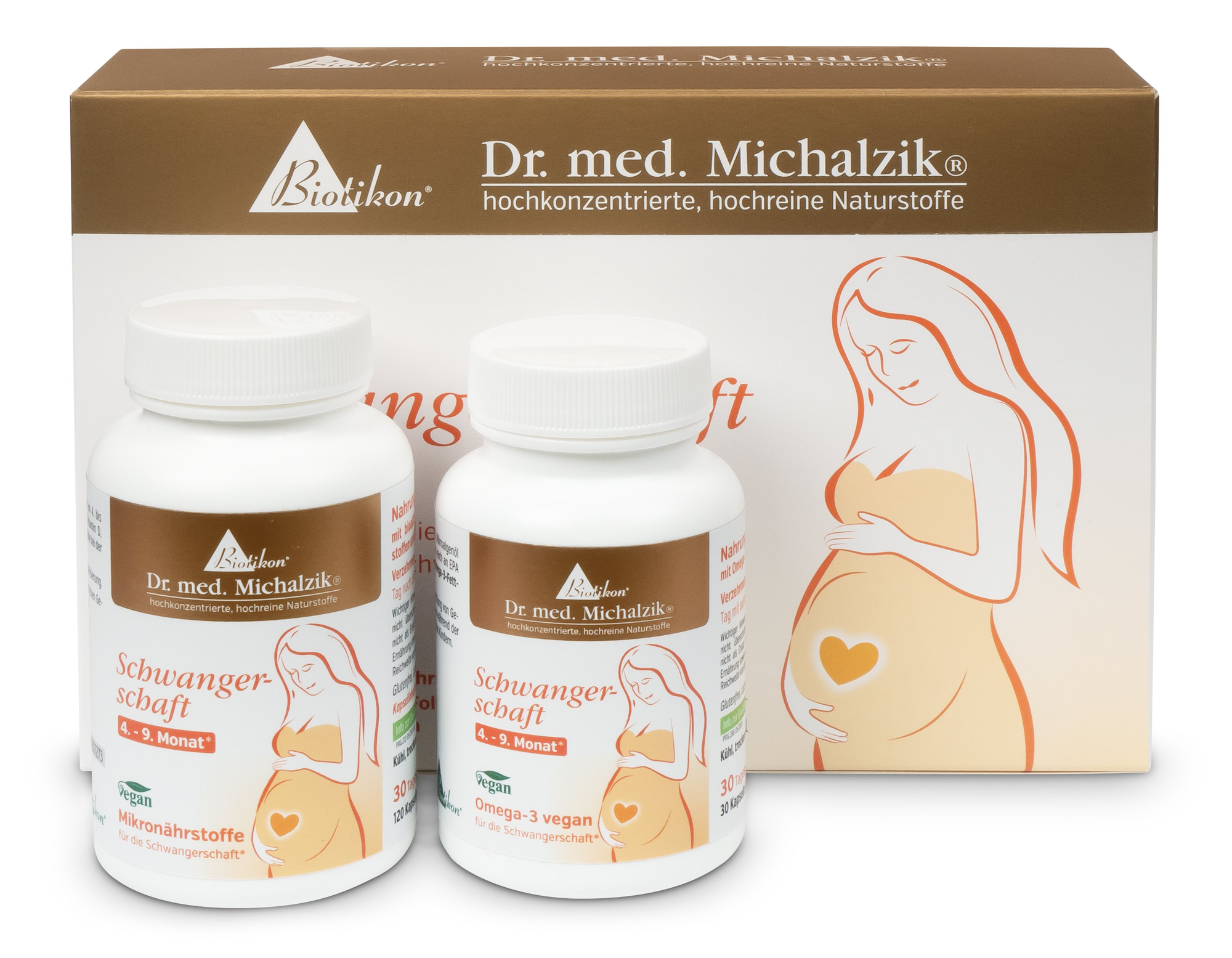 Dos frascos de suplementos para embarazadas, 30 cápsulas, veganos, en primer plano, envase colorido.