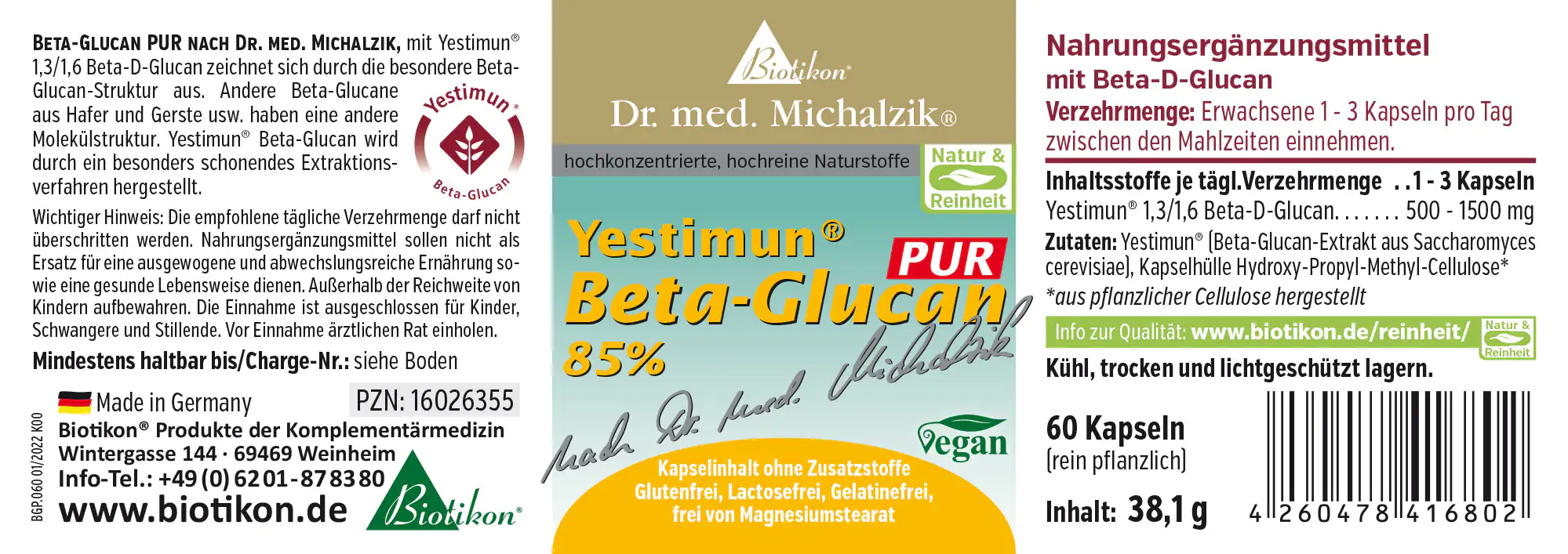 Beta-Glucano 500-1500 mg - Cápsulas Yestimun Beta-Glucano, 60 cápsulas, envase verde, vegano, sin aditivos.