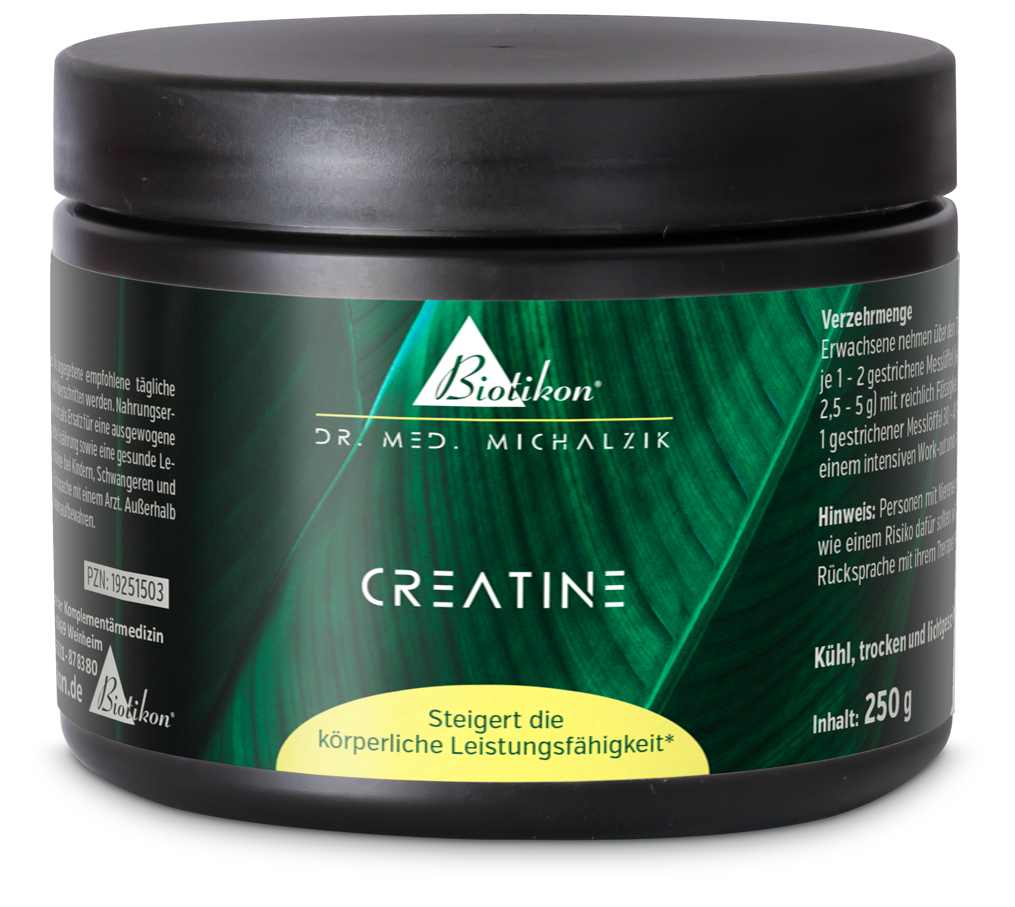 Polvo de creatina en envase negro con diseño verde, 250 g.