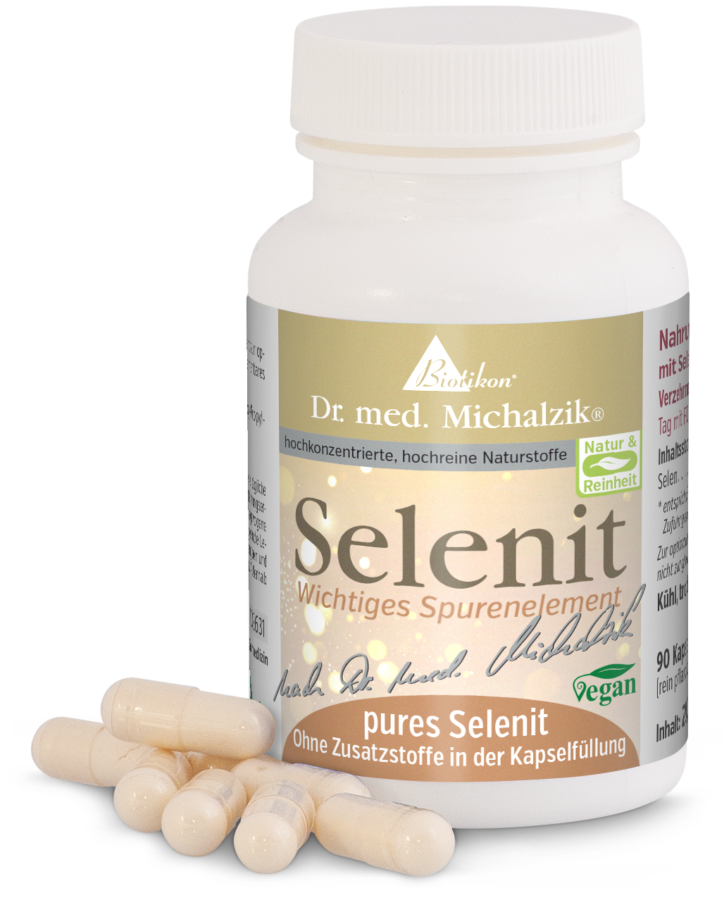Selenito 90 Cápsulas – Seleno Puro Botella con 90 cápsulas veganas de selenito, color beige, algunas cápsulas en la mesa en primer plano.