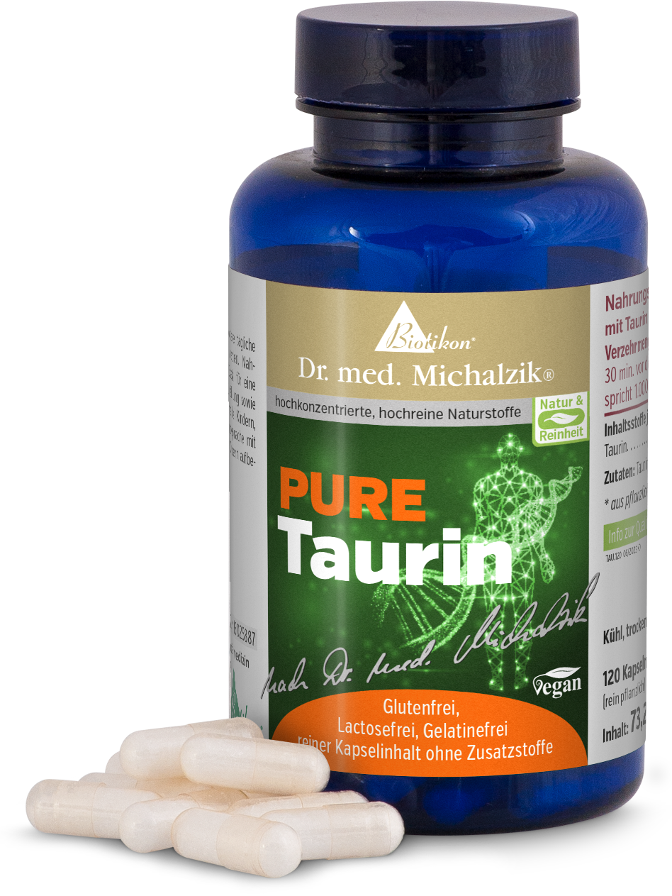 Botella azul con 120 cápsulas, sin gluten y veganas, cápsulas al lado sobre un fondo blanco.