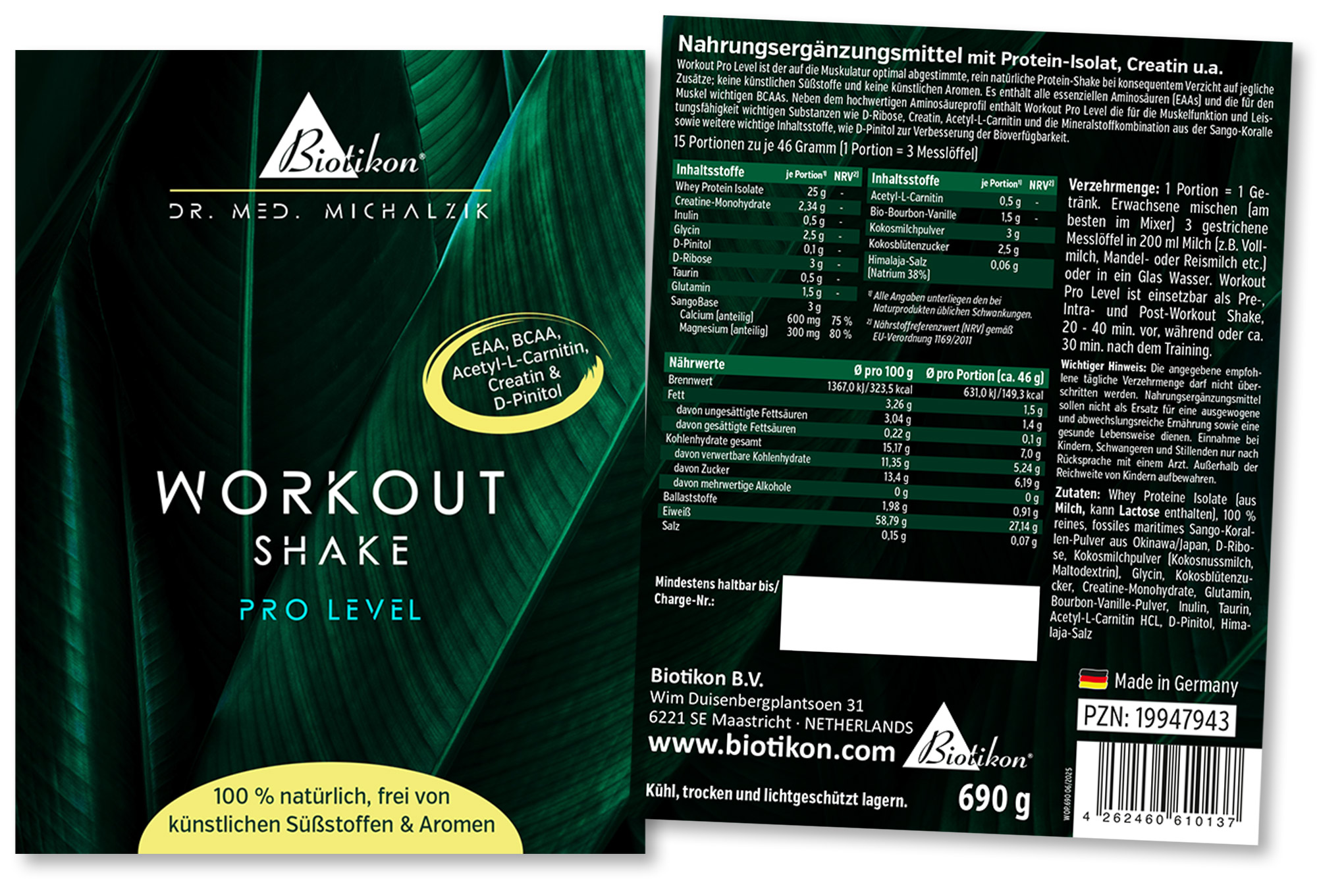 Workout Shake Pro Level – 690 g Suplemento en polvo de 690 g, empaque negro con hojas verdes, valores nutricionales visibles.