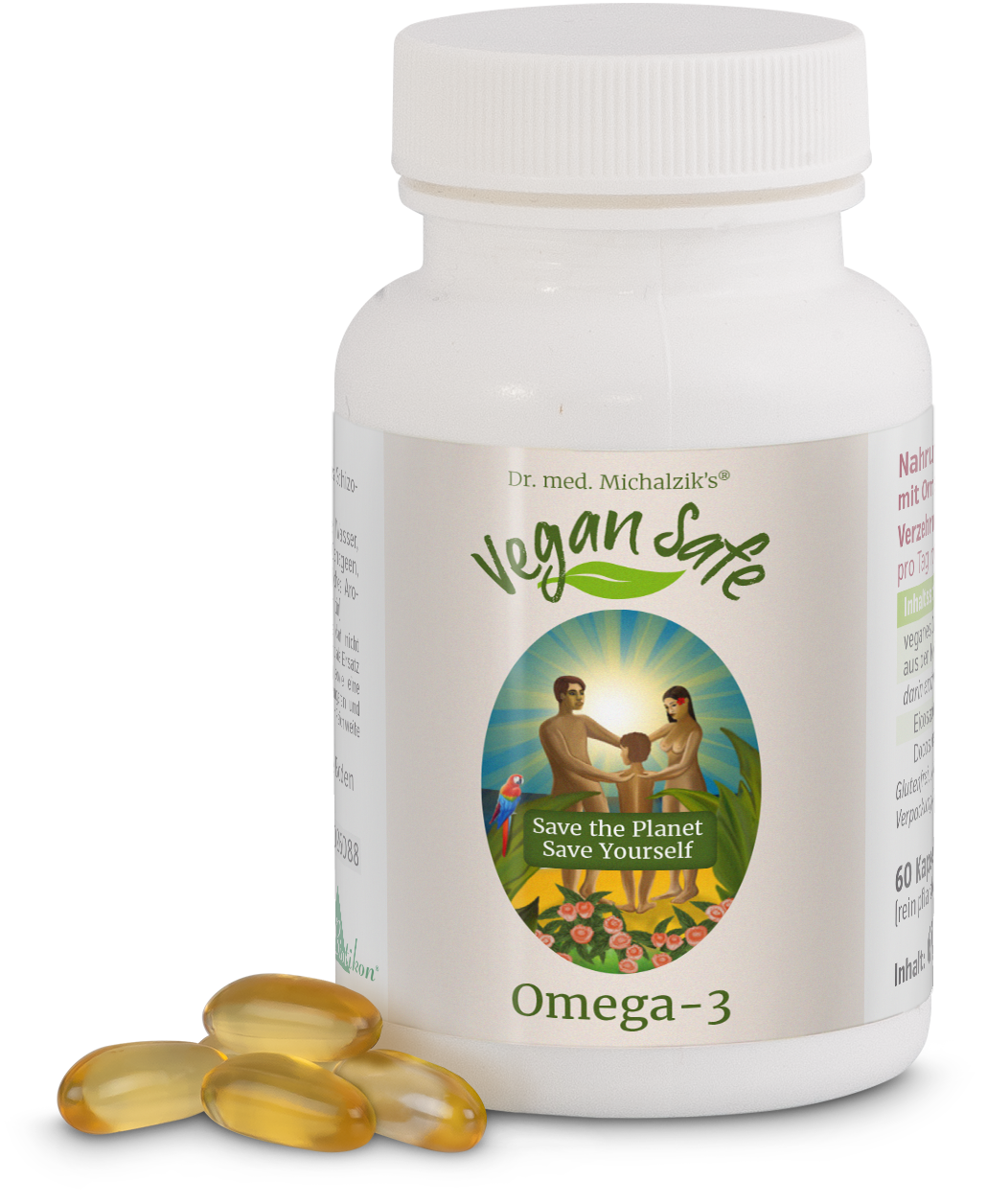 Cápsulas de Omega-3 – 60 Unidades Botella con cápsulas de Omega-3, 60 cápsulas veganas, gel amarillo, vista frontal, envase blanco.