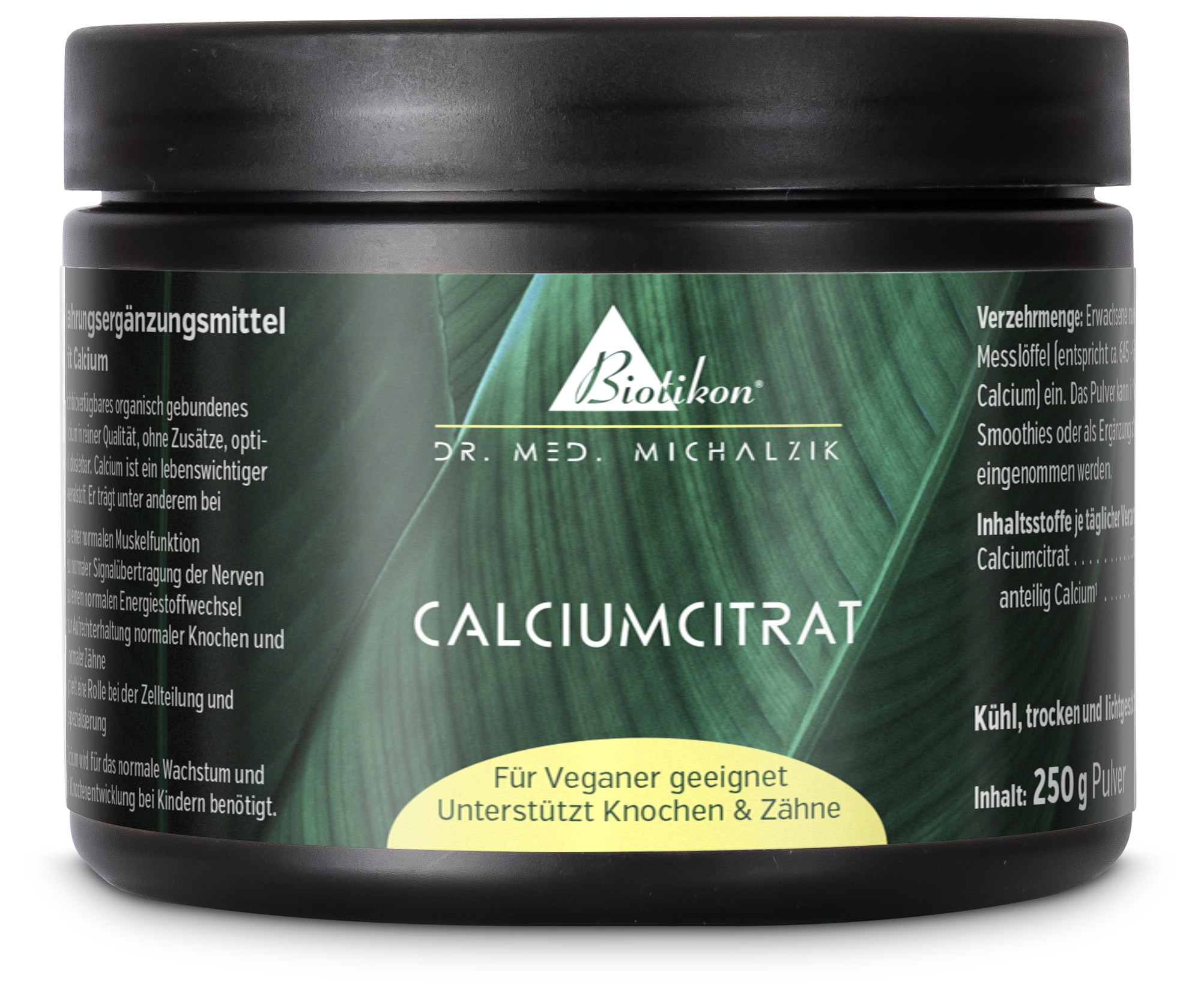 Citrato de Calcio 250 g - Polvo Polvo en envase negro, Citrato de Calcio, 250 g, apto para alimentación vegana.