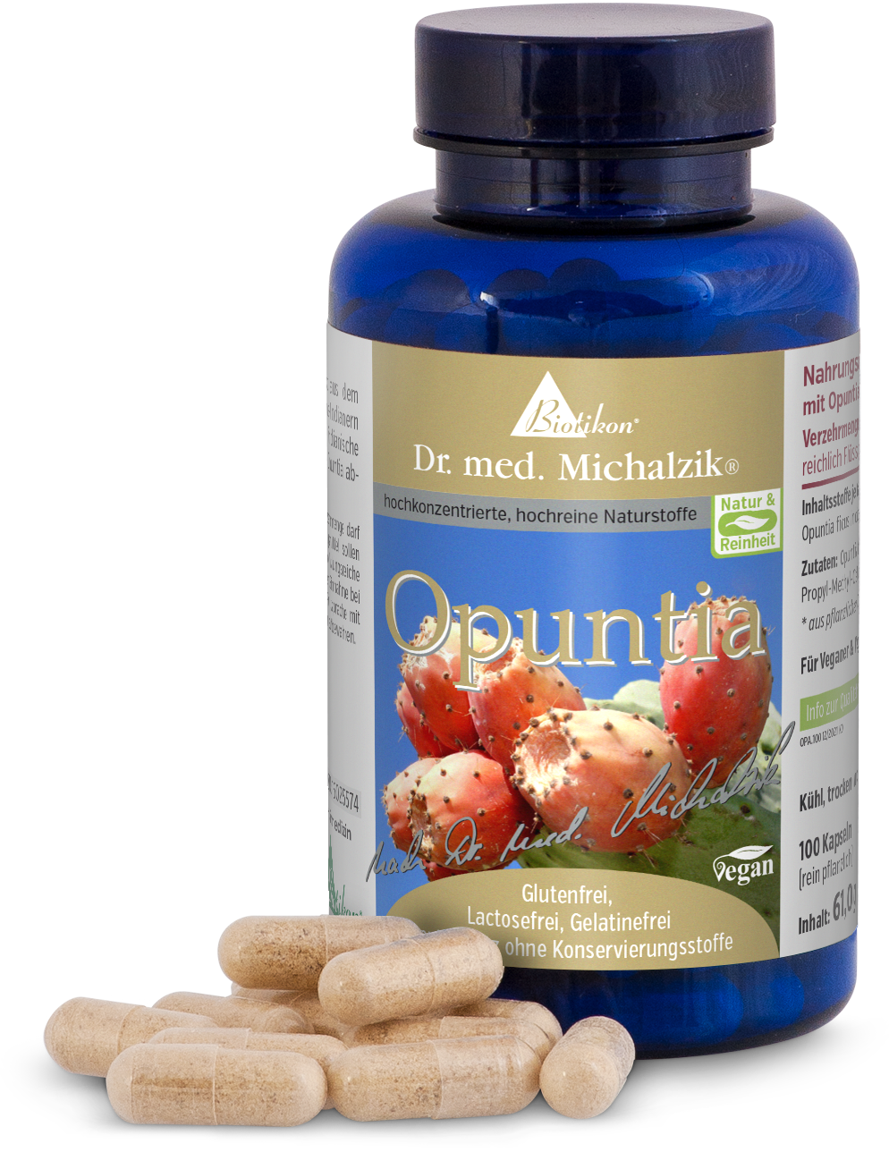 Cápsulas de Opuntia – 100 unidades Cápsulas marrones en una botella azul, 100 cápsulas, sin gluten, sin lactosa, veganas.