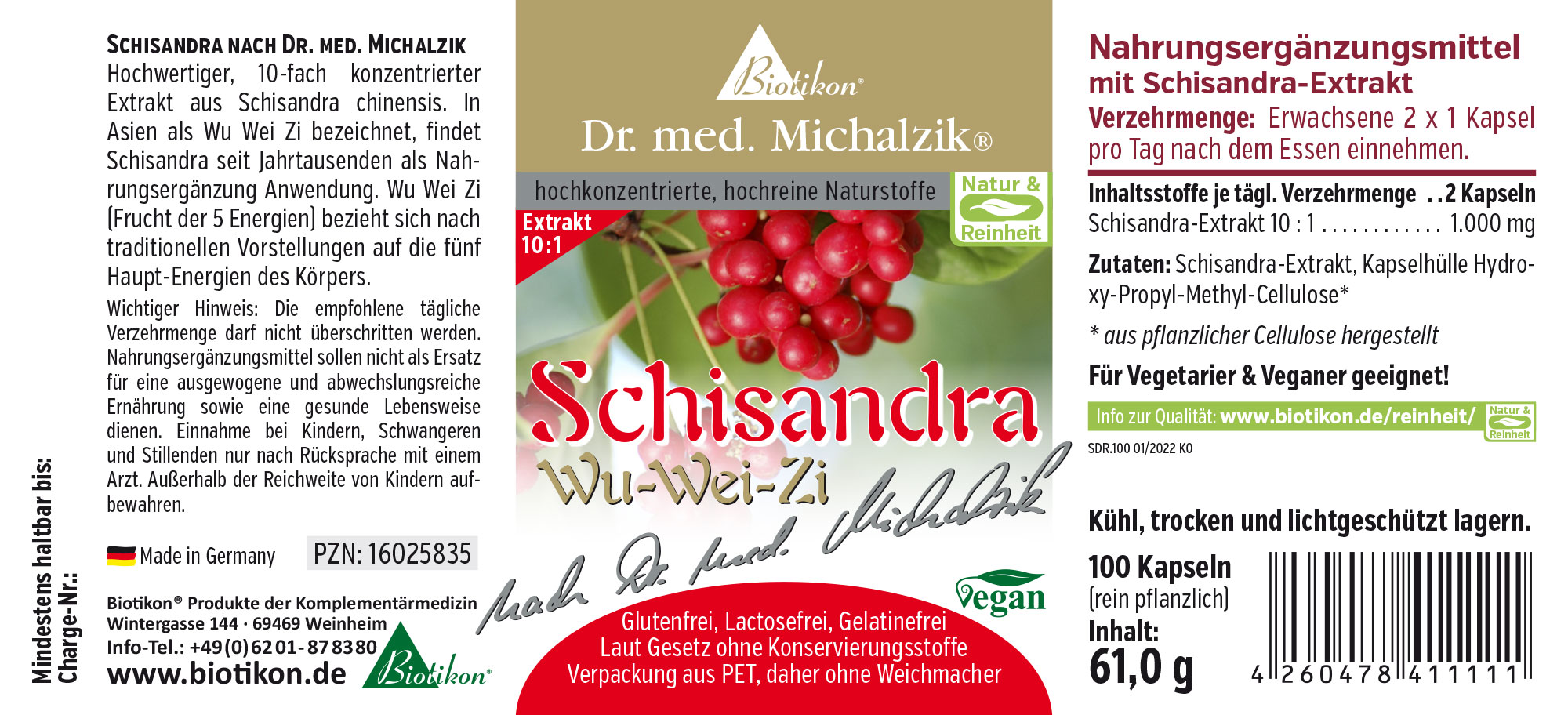 Schisandra 1000 mg – Cápsulas Suplemento de Schisandra, 100 cápsulas, rojas, en envase PET, vista frontal.