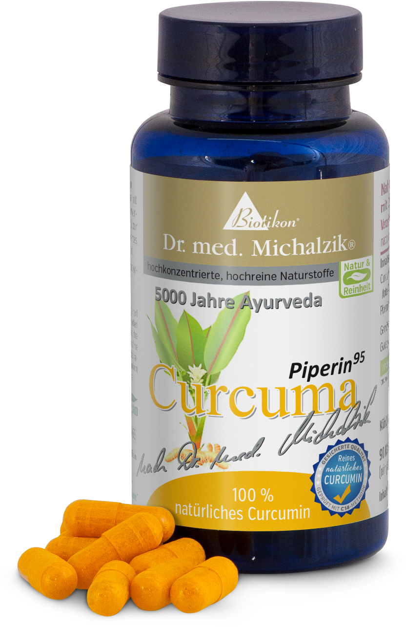 Cápsulas amarillas con curcumina natural en un frasco azul, 100 % puro, 90 unidades.