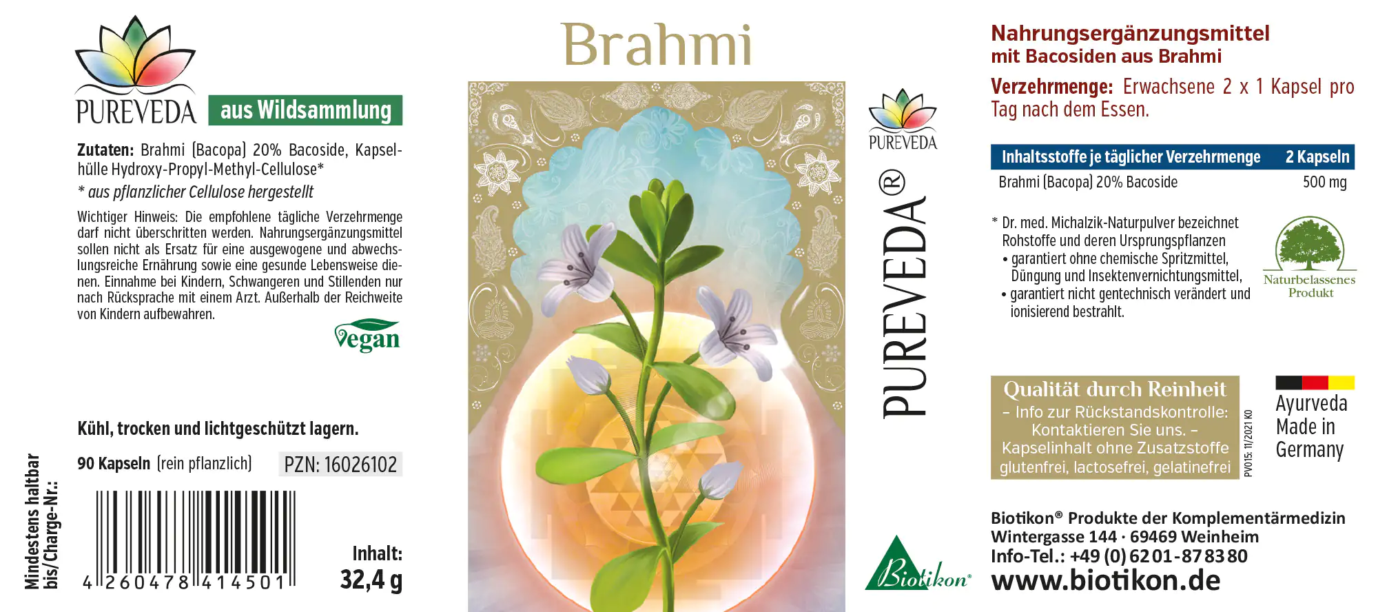 Brahmi 500 mg – Cápsulas Suplemento de Brahmi en cápsulas, 90 piezas, veganas, envase con motivo vegetal, 32,4 g.