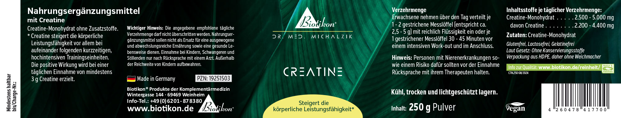 Creatina en polvo – 250 g Suplemento alimenticio de creatina, 250 g de polvo en envase plástico, diseño en color verde.