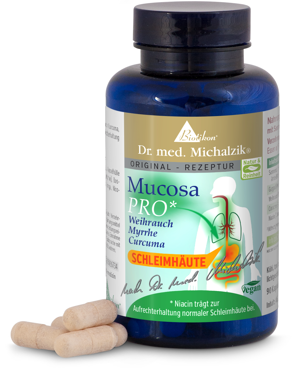 Cápsulas Mucosa PRO en botella azul, 90 unidades, para el soporte de las mucosas.