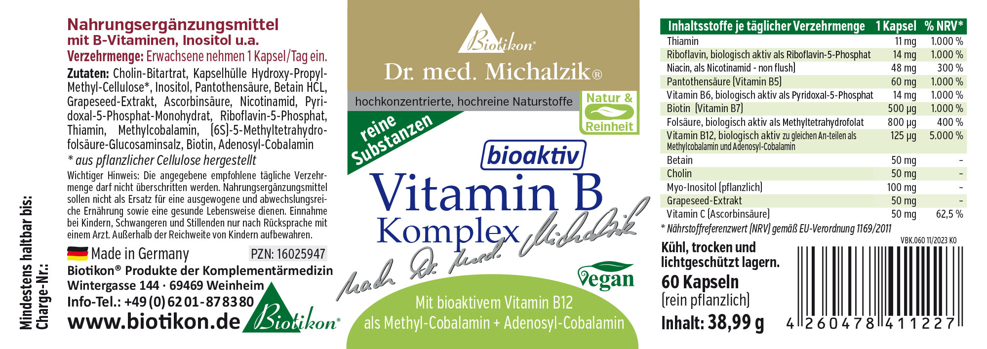 Complejo de Vitamina B – 60 Cápsulas Suplemento nutricional en forma de cápsulas, 60 unidades, vegano, envase en colores claros, vista lateral.