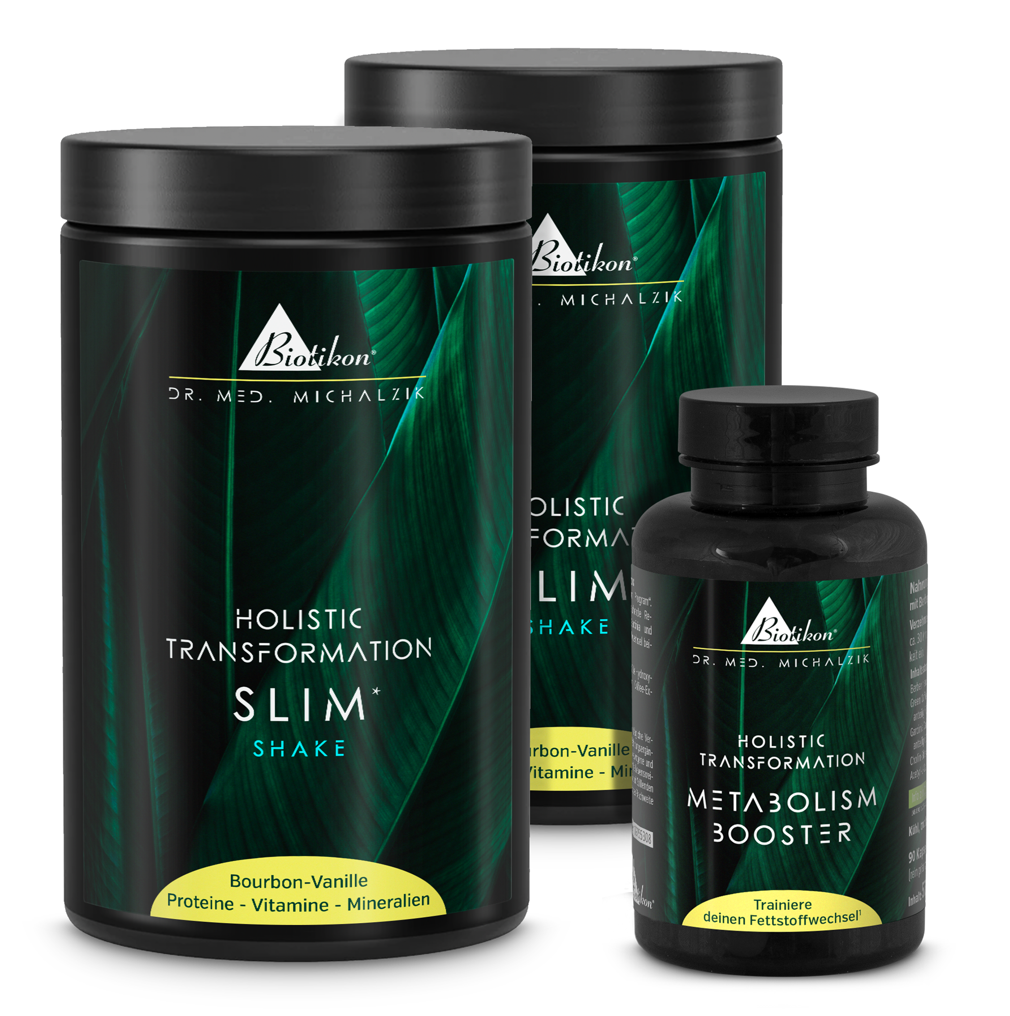 Slim Shake holístico en envase negro, 600 g, sabor Vainilla Bourbon, junto a un potenciador del metabolismo en cápsulas.