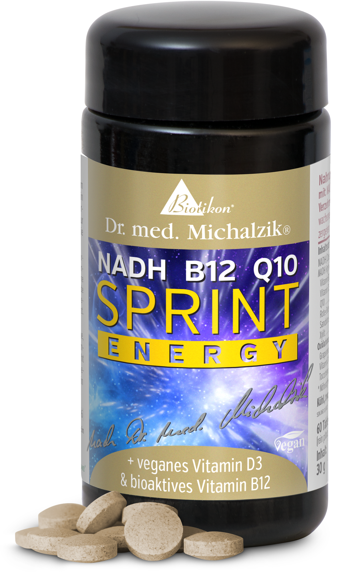 Suplemento NADH B12 Q10 en envase negro, 60 tabletas, vegano, algunas tabletas junto al envase.