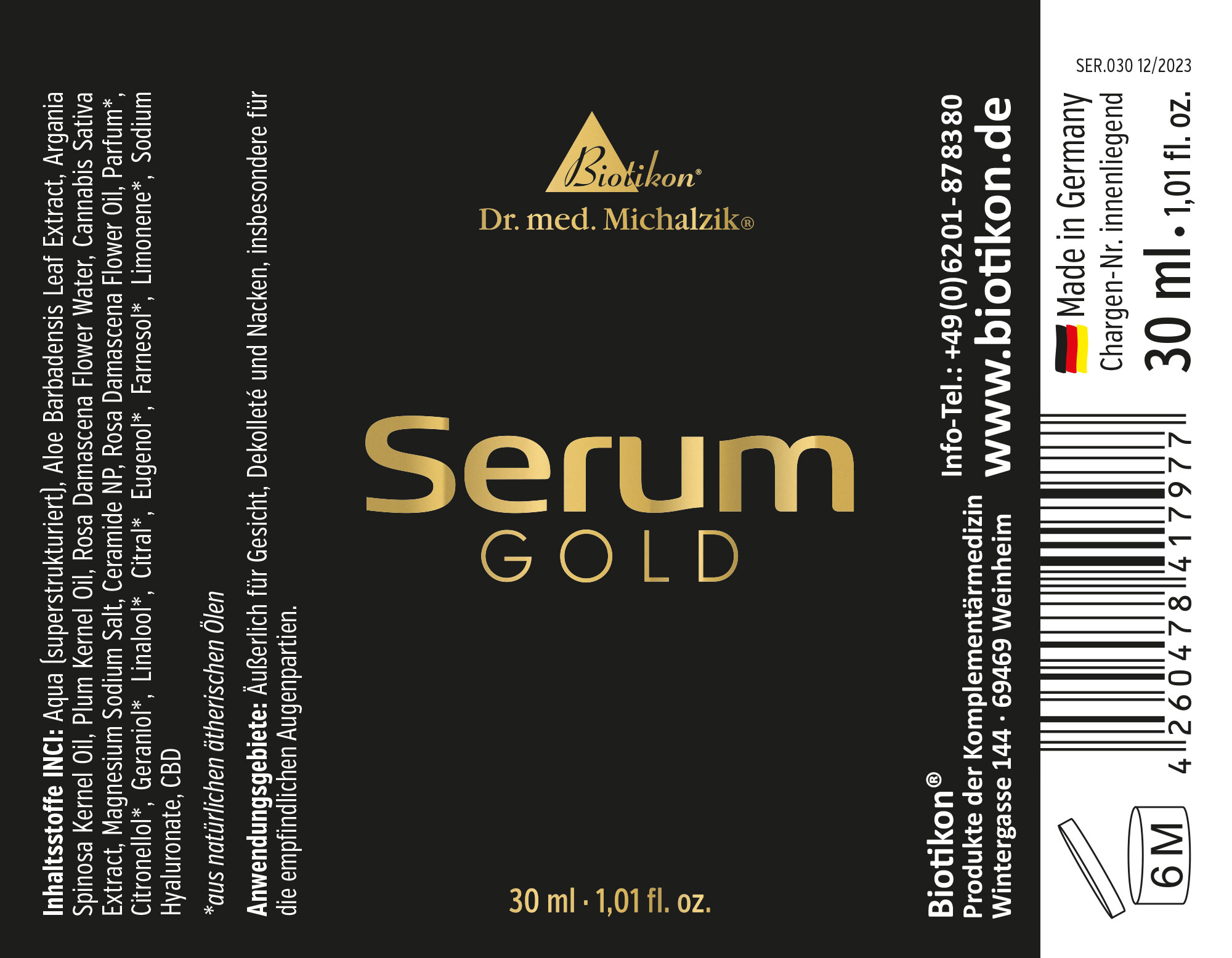 Serum Oro en botella de 30 ml, empaque negro con letras doradas, vista frontal.