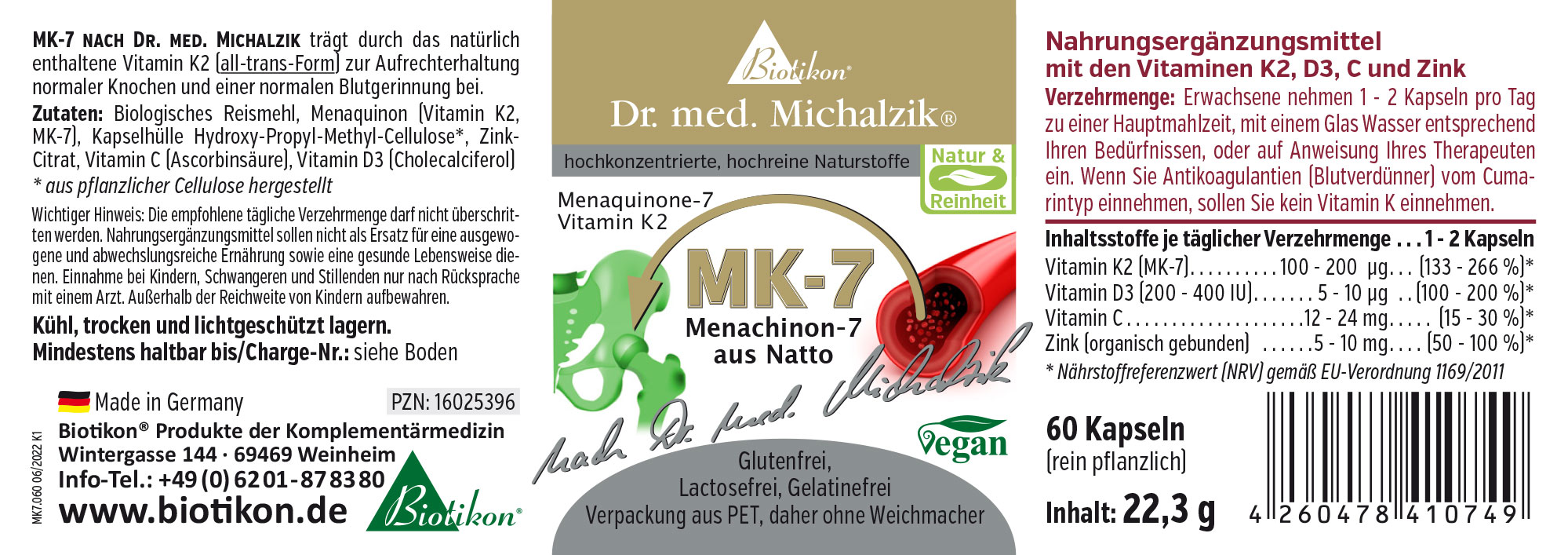 60 cápsulas de Vitamina K2 MK-7 de Natto en envase PET pequeño, color verde y dorado.