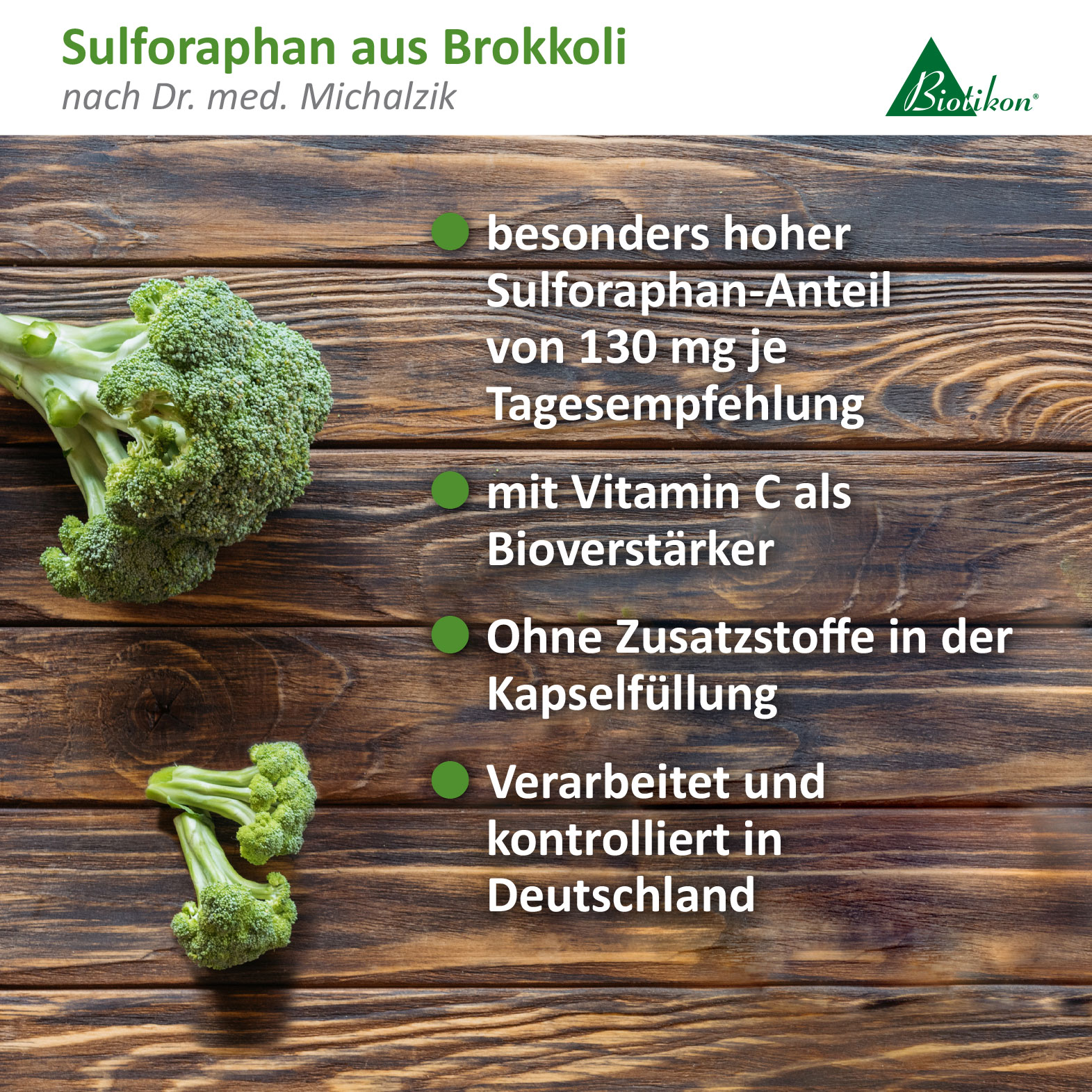 Sulforafano de brócoli – 130 mg Cápsulas de brócoli con 130 mg de sulforafano, sin aditivos, en un envase ecológico.
