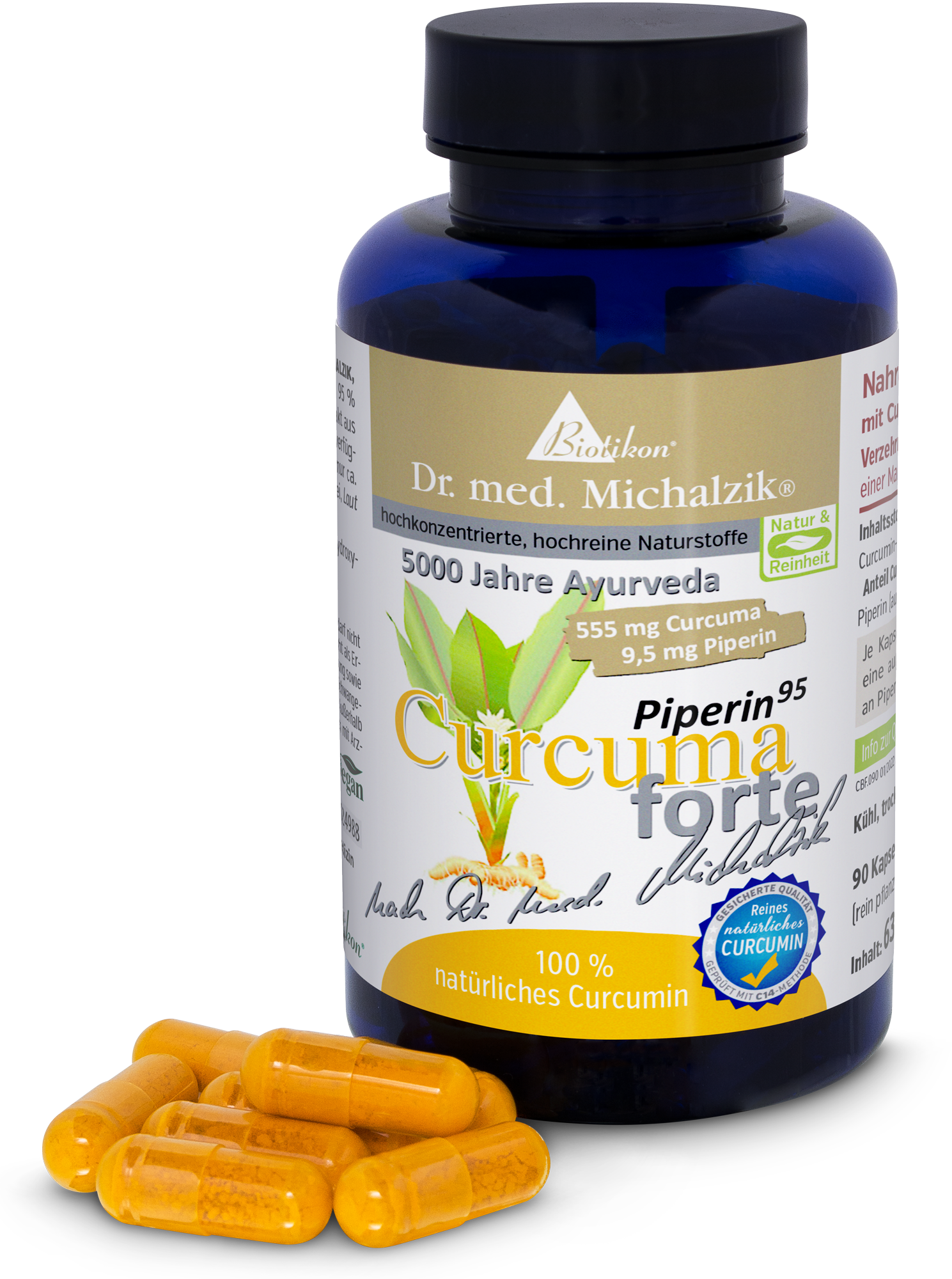 Cúrcuma fuerte 555 mg - Cápsulas Frasco con 90 cápsulas, cápsulas amarillas con cúrcuma y piperina, vista en perspectiva.