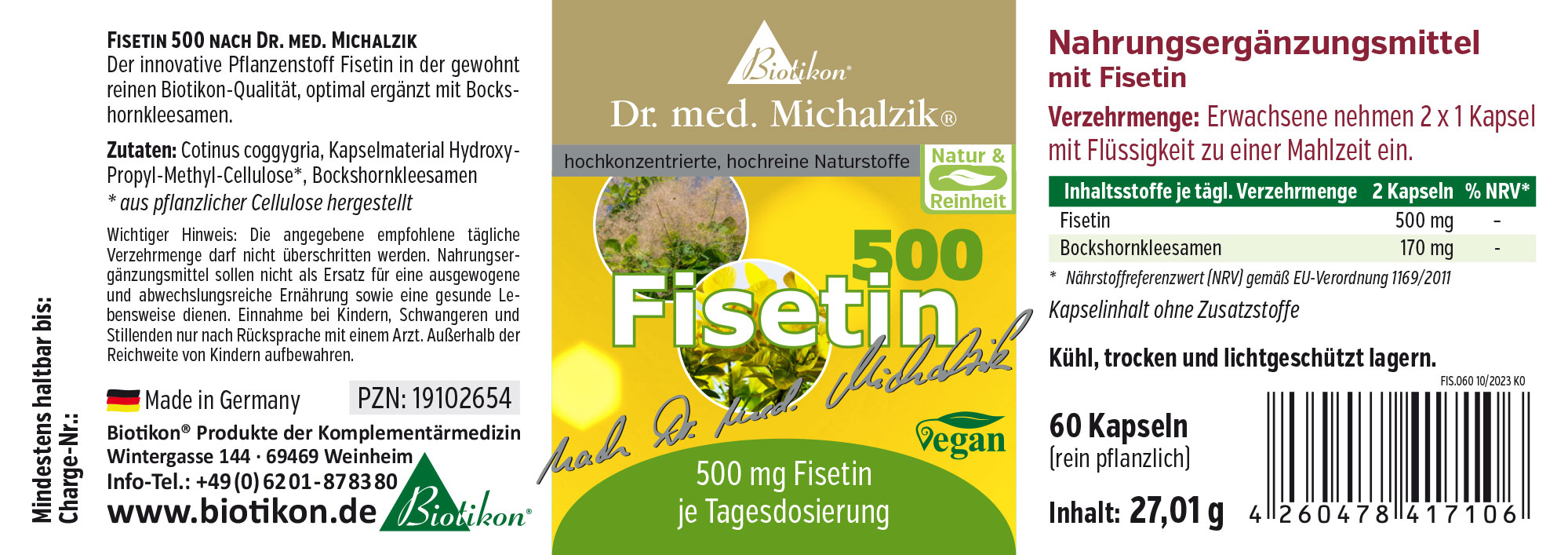 Fisetina 500 mg – Cápsulas Suplemento de Fisetina, 60 cápsulas en cápsulas vegetales, envase amarillo-verde, vista lateral.