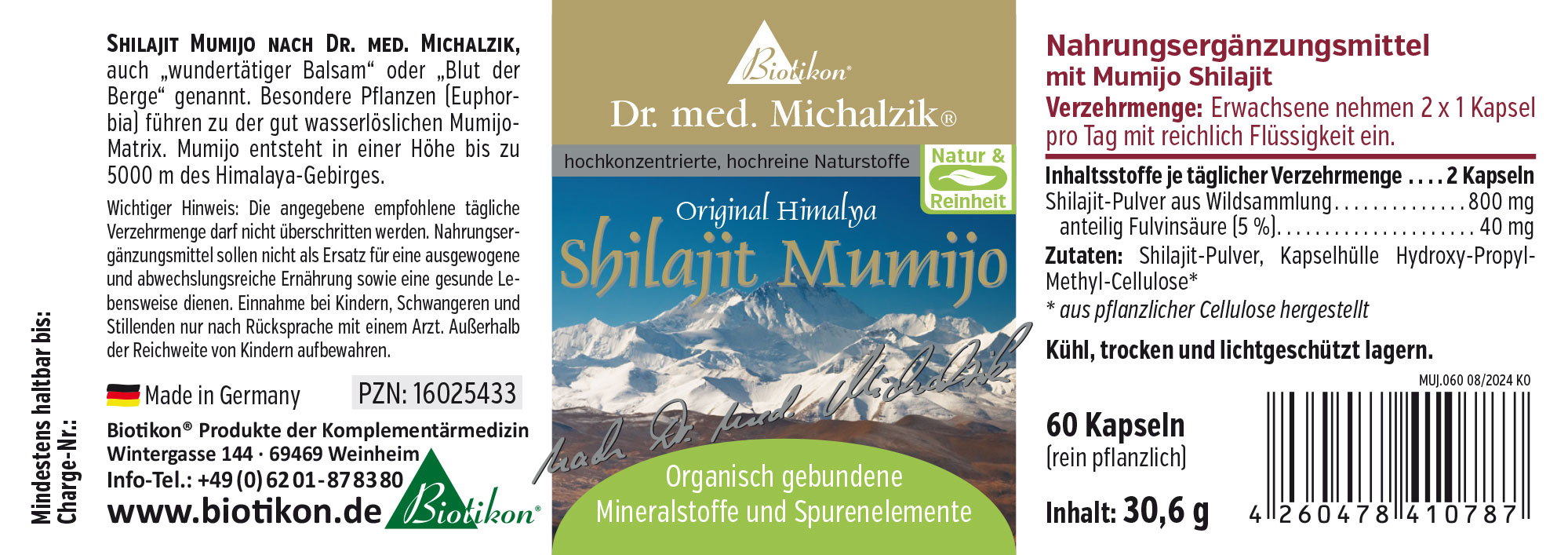 Suplemento dietético Shilajit Mumijo en cápsulas, 60 unidades, cápsula marrón, envase en diseño dorado y azul.