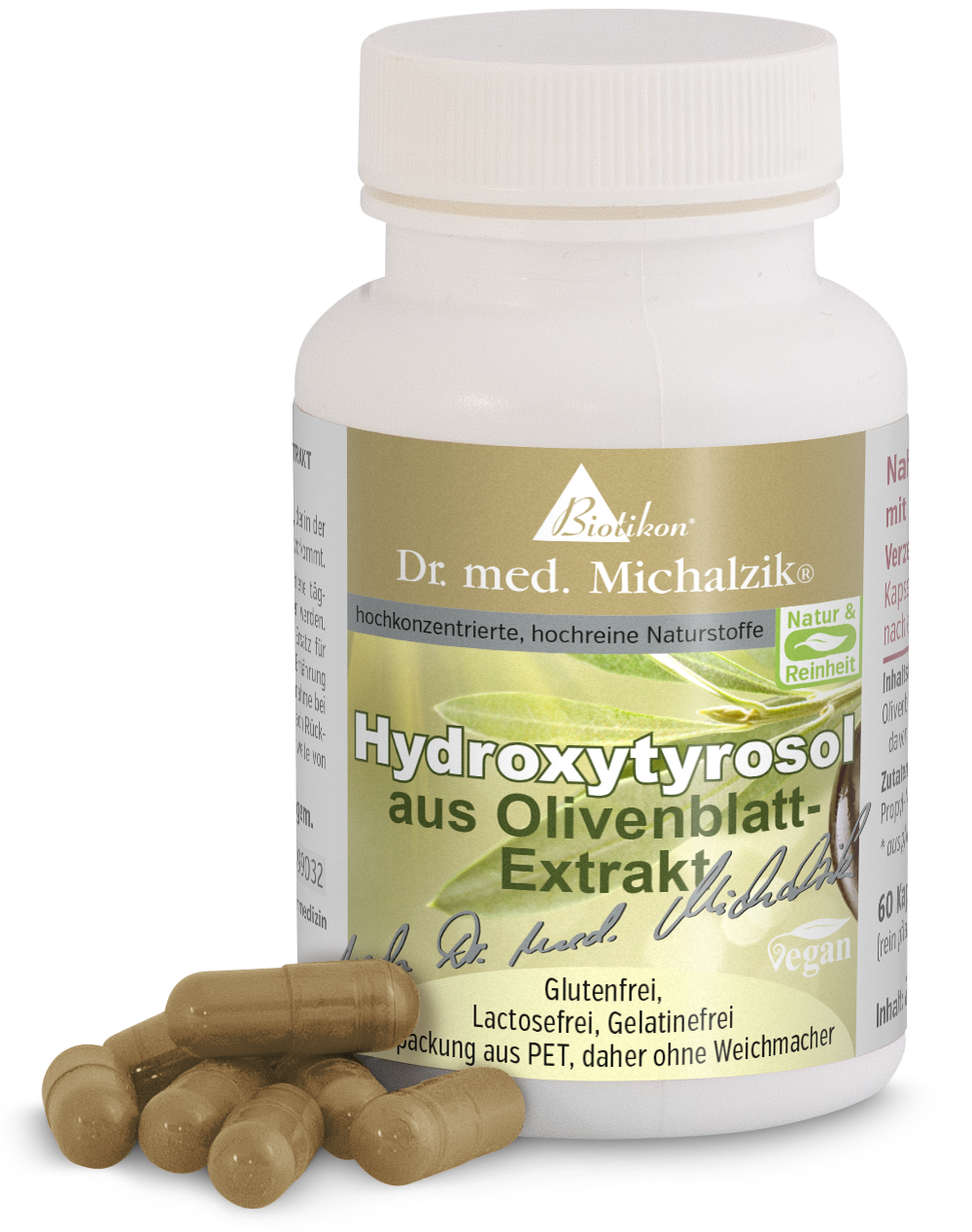 60 Cápsulas de Hidroxitirosol - Extracto de Hoja de Olivo Botella con 60 cápsulas de hidroxitirosol de extracto de hoja de olivo, cápsulas beige, envase PET, libre de gluten.