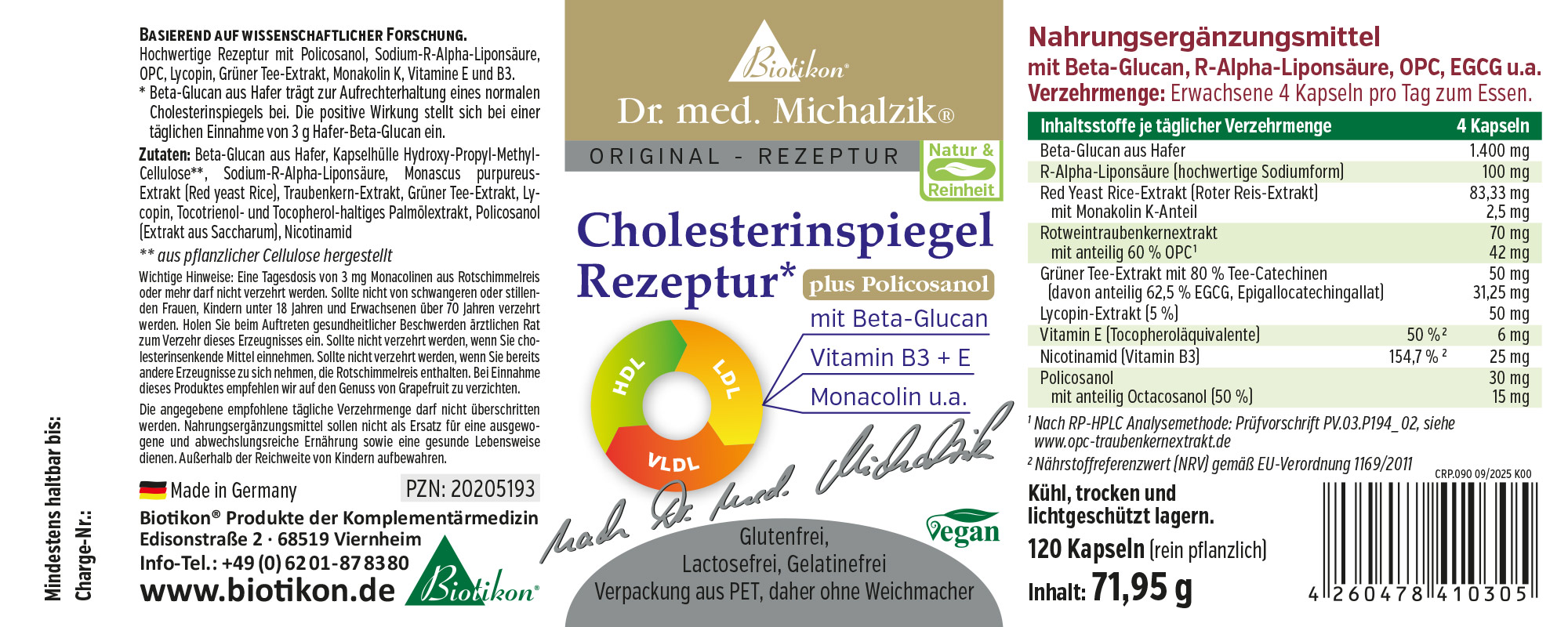 Regulat de colesterol – 120 cápsulas Suplemento dietético en cápsulas, 120 unidades, diseño de empaque en rojo, verde y amarillo, vegano, ingredientes visibles.