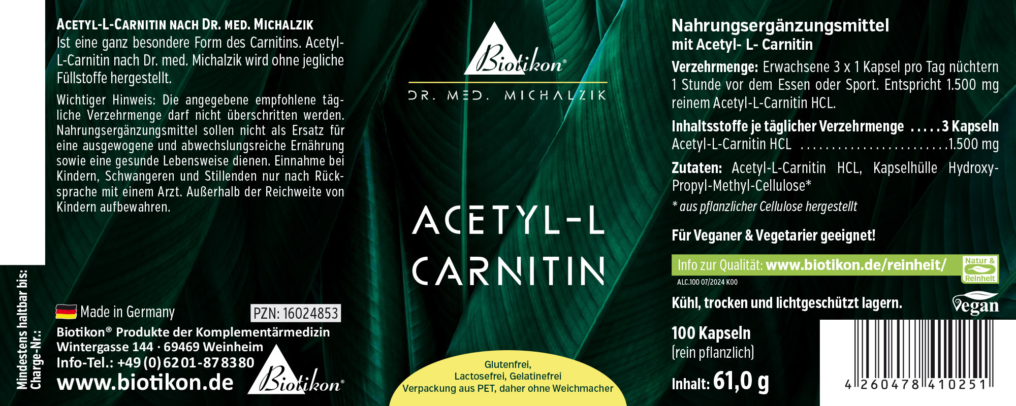 Suplemento de acetil-L-carnitina en cápsulas, 100 unidades, empaquetado en verde, vista frontal.
