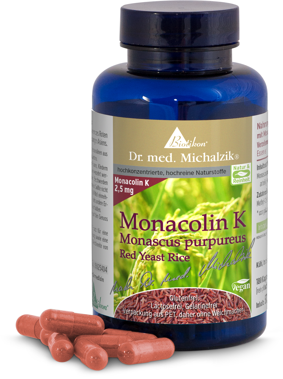 Monacolina K 2,5 mg - Cápsulas Botella de Monacolina K 2,5 mg, 180 cápsulas, marrón rojizo, sobre un fondo blanco.