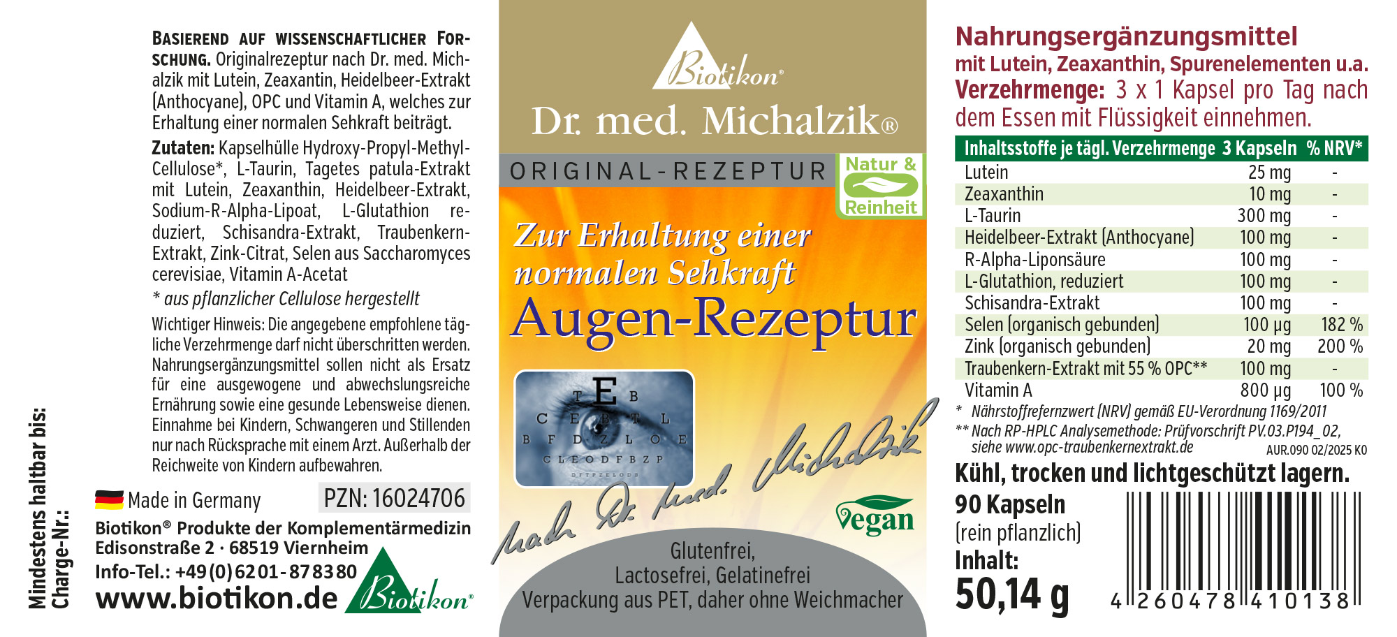 Suplemento nutricional en cápsulas, 90 piezas, en envase PET, vegano, con ingredientes como Luteína y Zeaxantina.