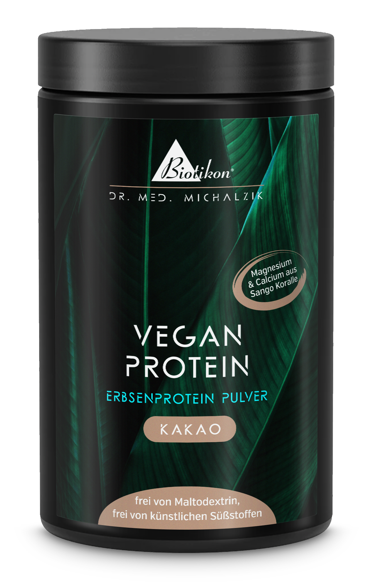 Envase blanco con polvo de proteína vegetal sabor cacao, 500 g, vista frontal.