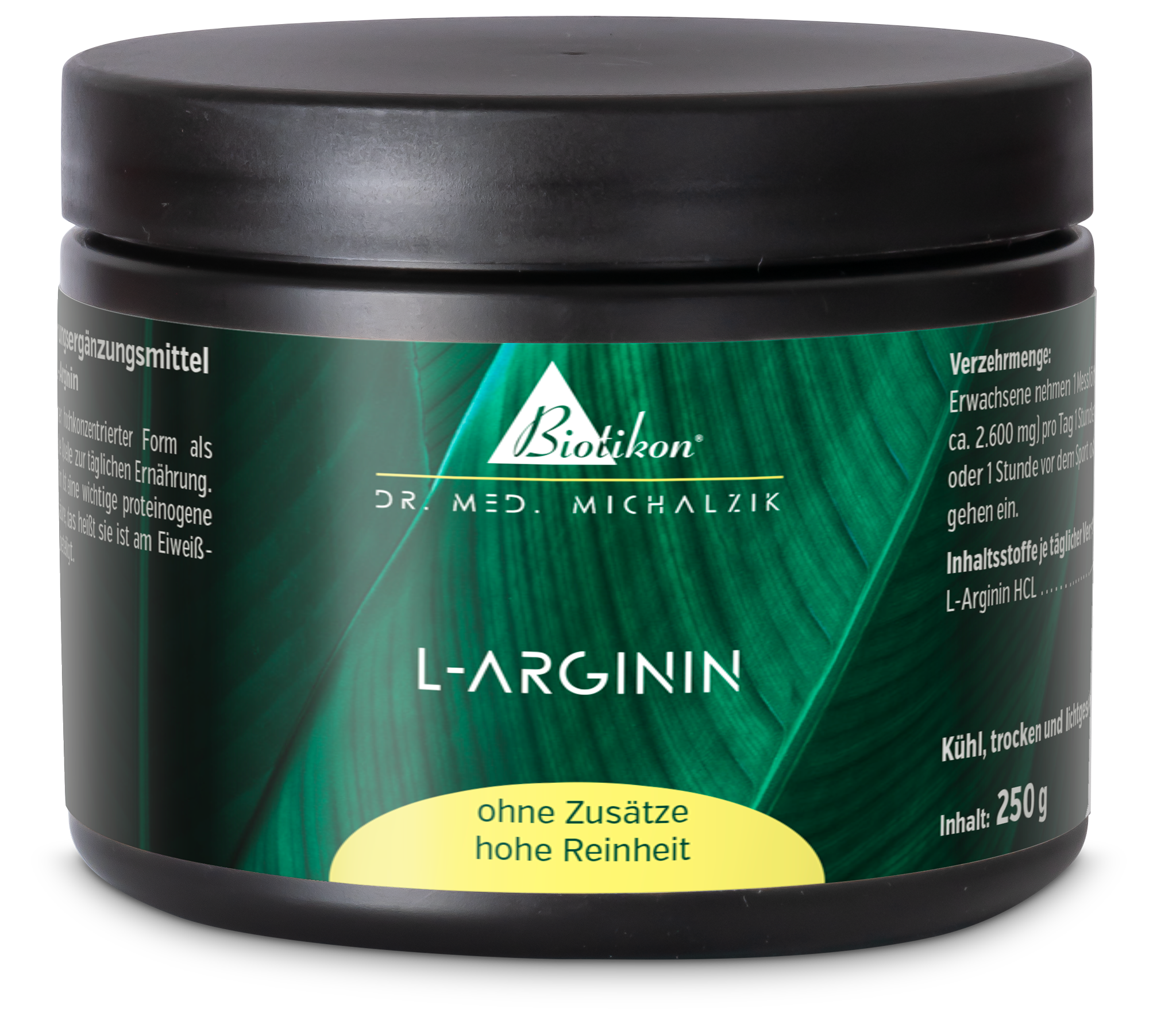 L-Arginina en forma de polvo, envase de 250 g, empaque negro con acentos verdes, visto de lado.